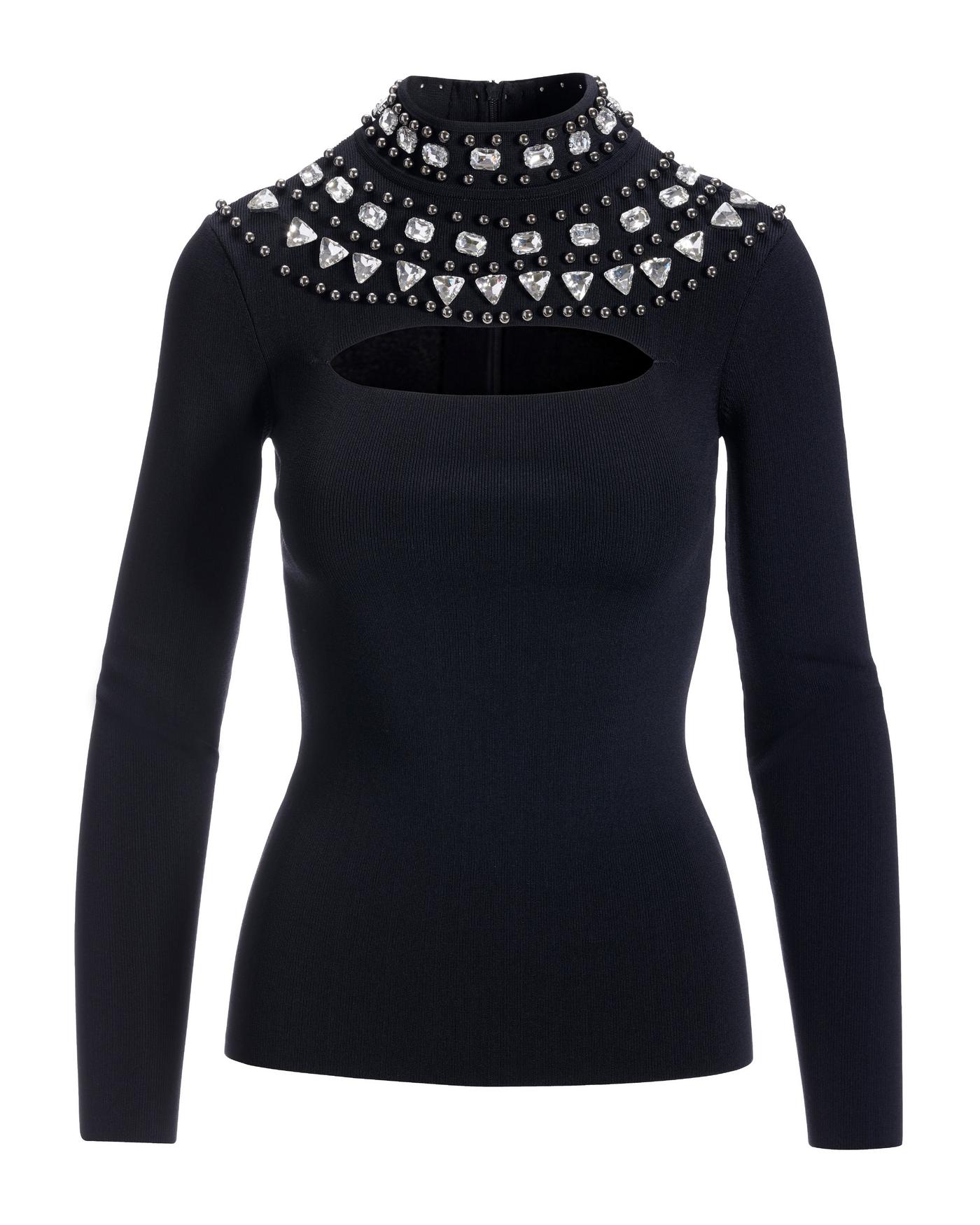 Rhinestone Mock Neck Cut Out Sweater - Black | Boston Proper Rhinestone Mock Neck Cut Out Sweater - Black | Boston Proper