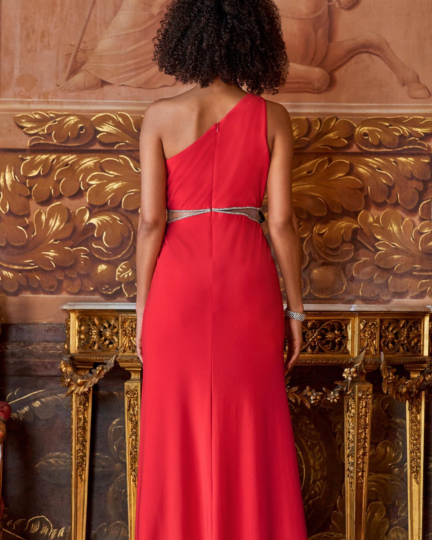 One Shoulder Crystal Embellished Knit Gown - Racing Red