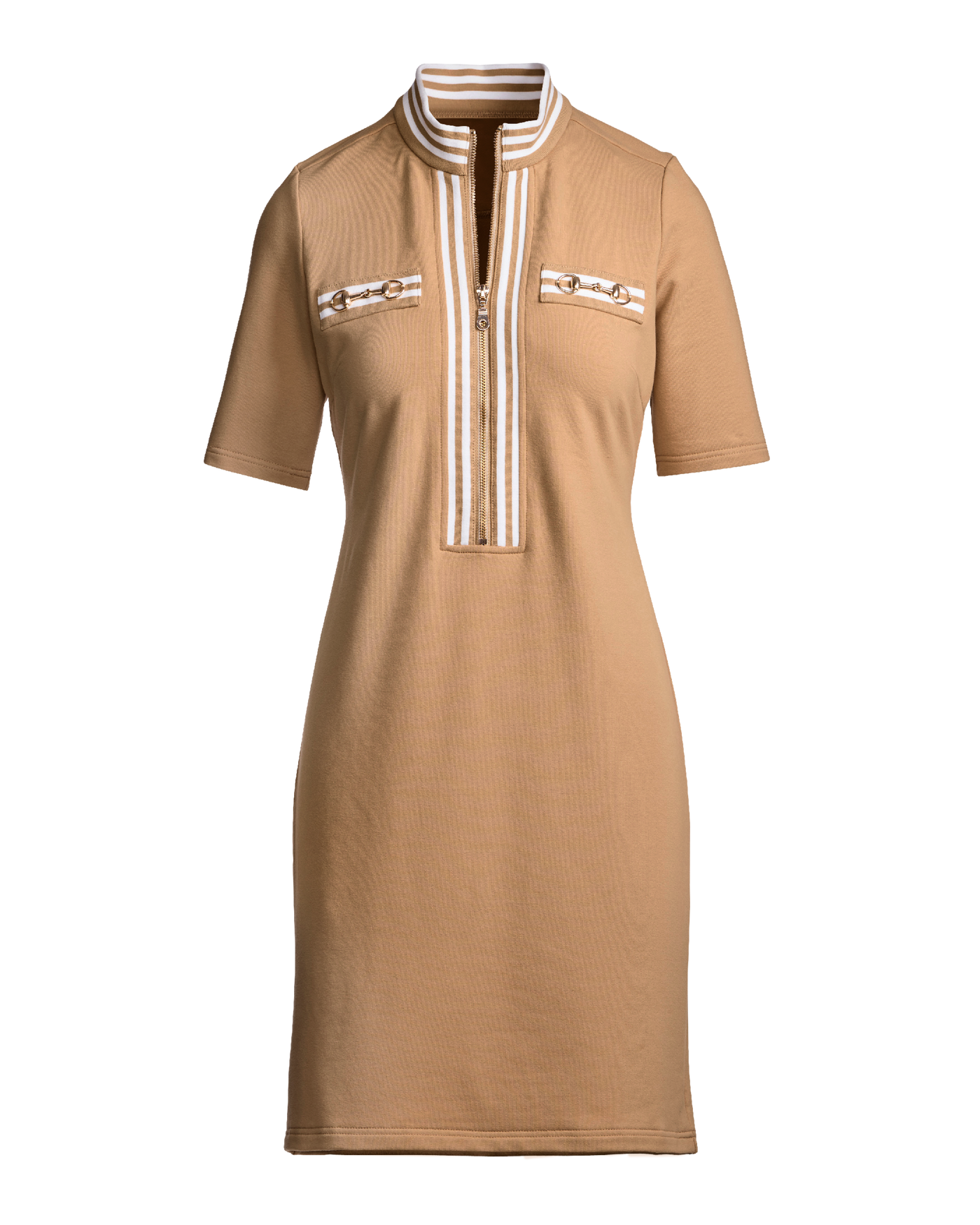 Striped French Terry Hardware Zipper Dress Cashmere Tan