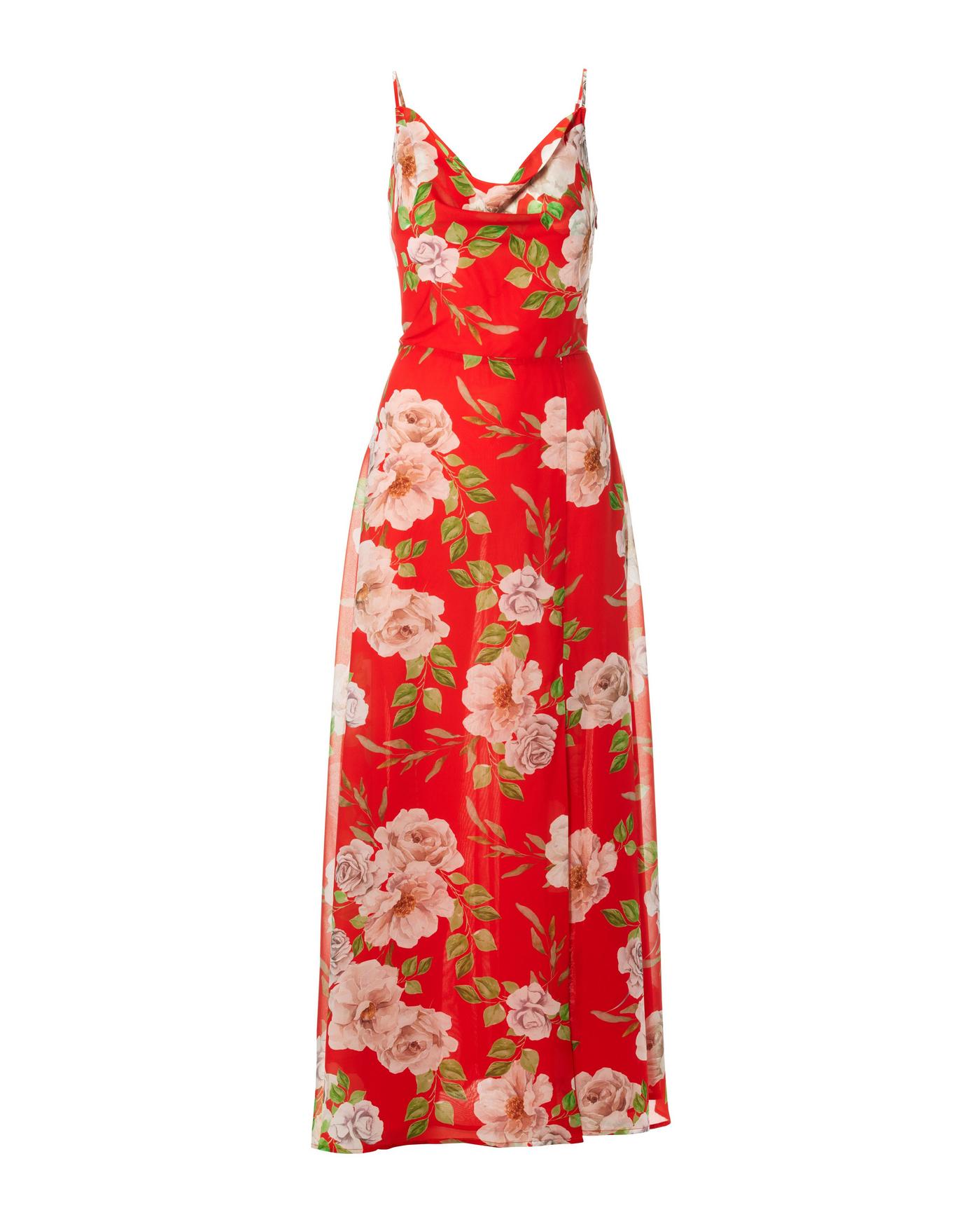 Caliente Floral Print Cowl Neck Slit Maxi Dress Orange Red Boston Proper