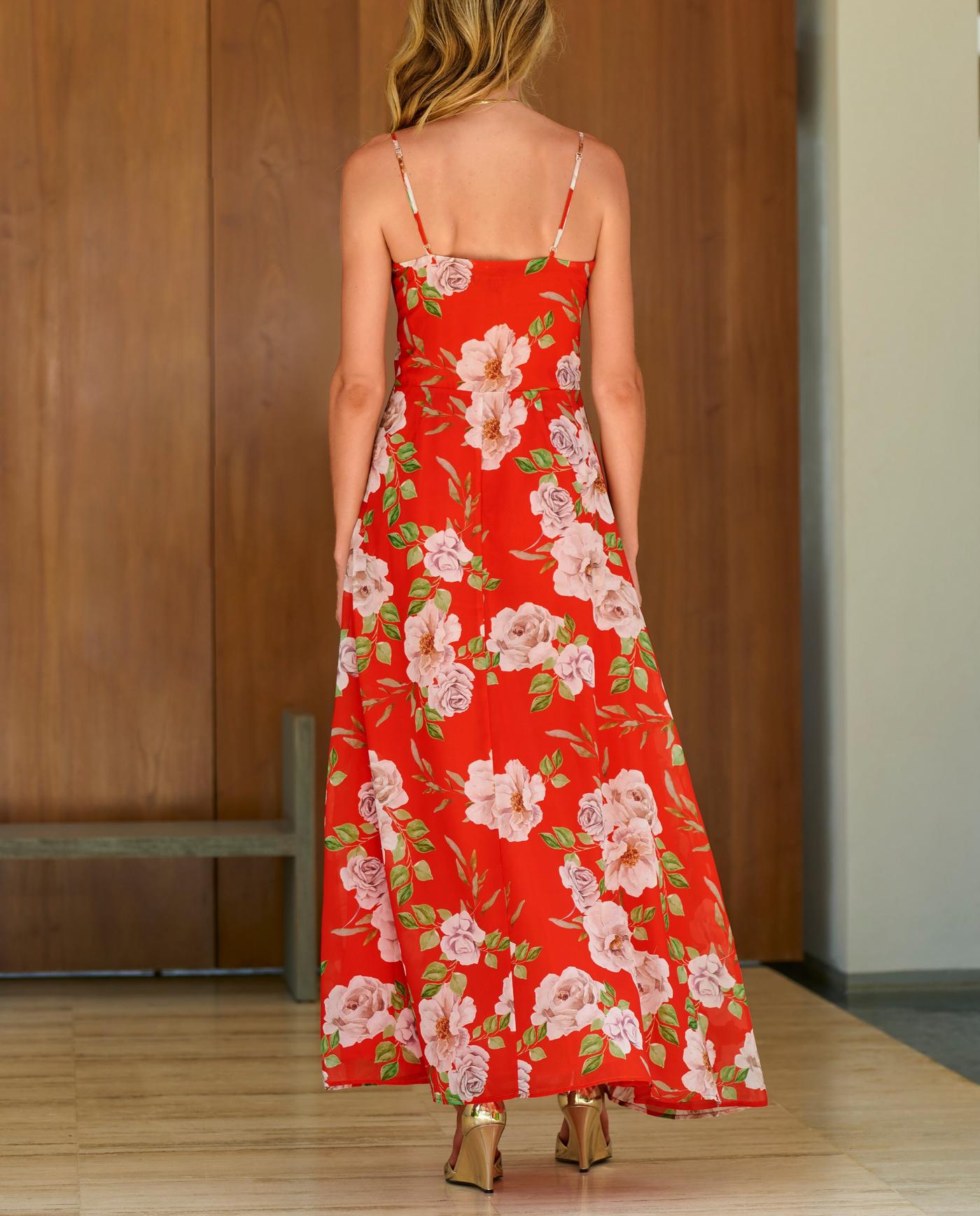 Caliente Floral Print Cowl Neck Slit Maxi Dress Orange/Red