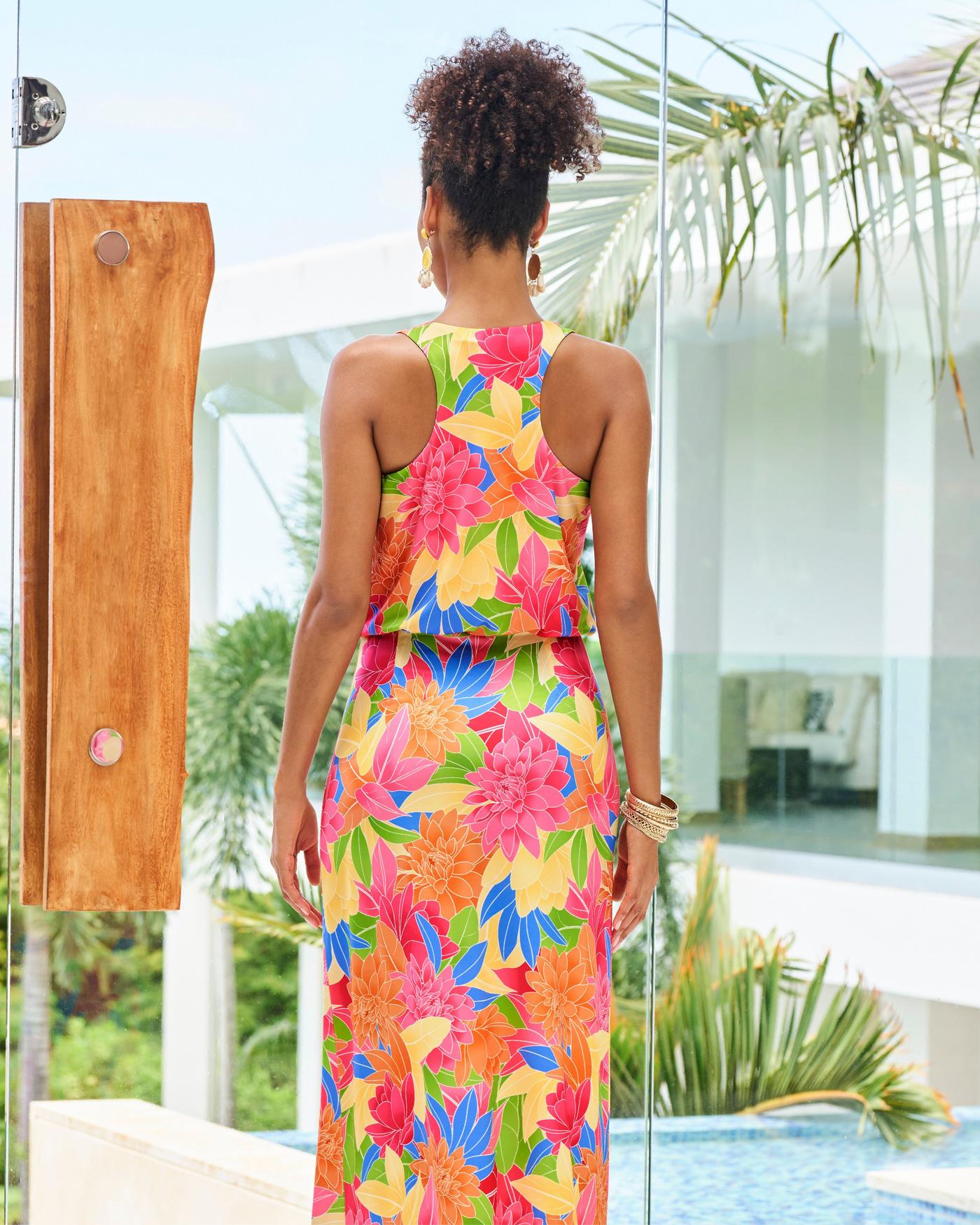 Bright Blooms Print Scoop Neck Blouson Ankle Length Dress - Multi | Boston  Proper