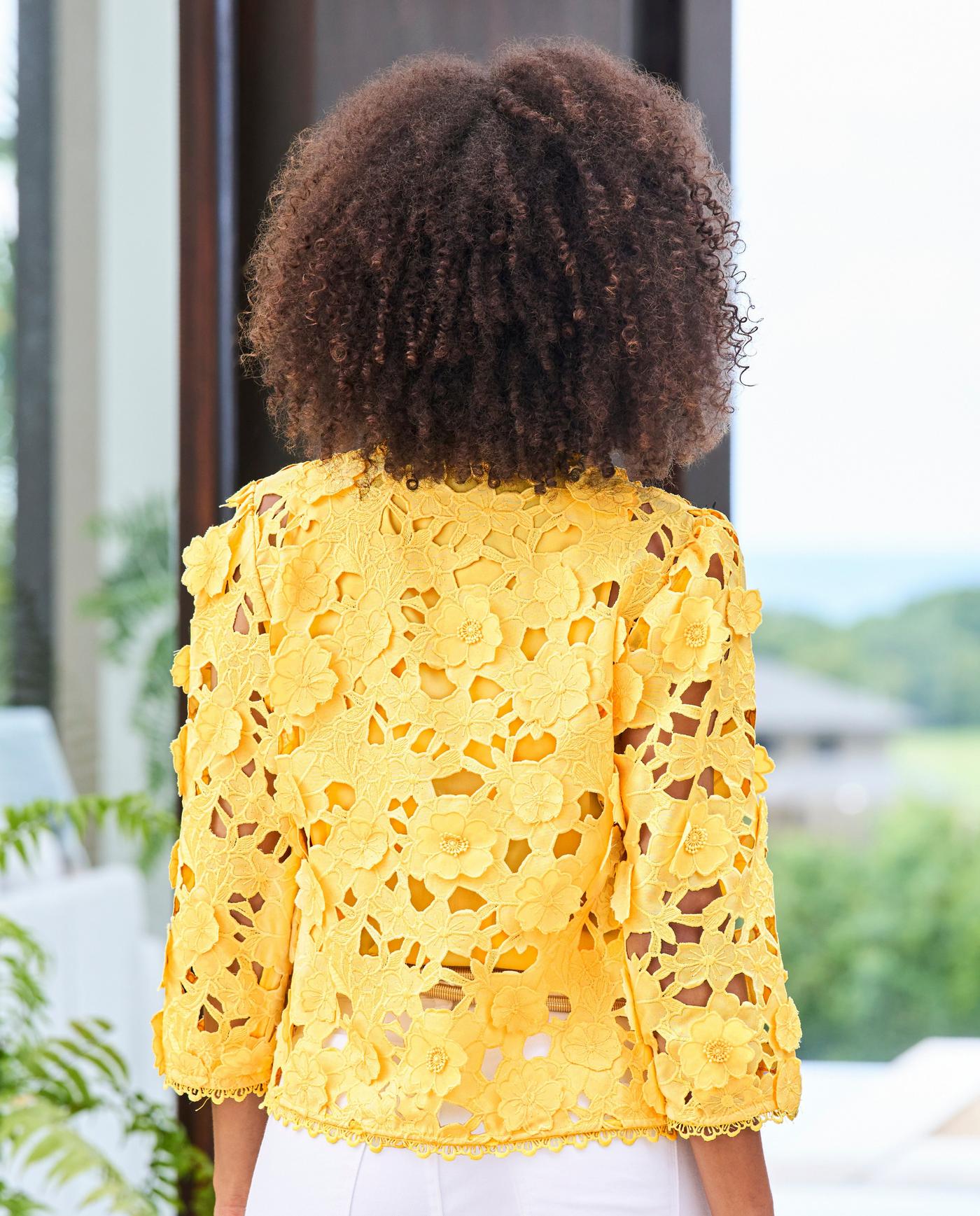 3D floral lace three-quarter sleeve jacket - Lemon Drop 3D floral lace three-quarter sleeve jacket - Lemon Drop