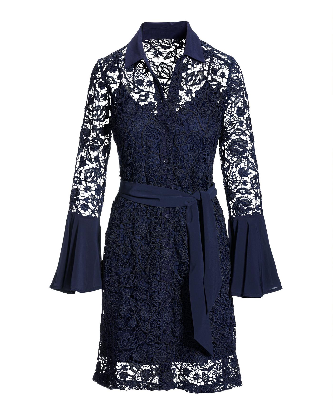 Mixed Media Lace Bell Sleeve Shirt Dress Navy