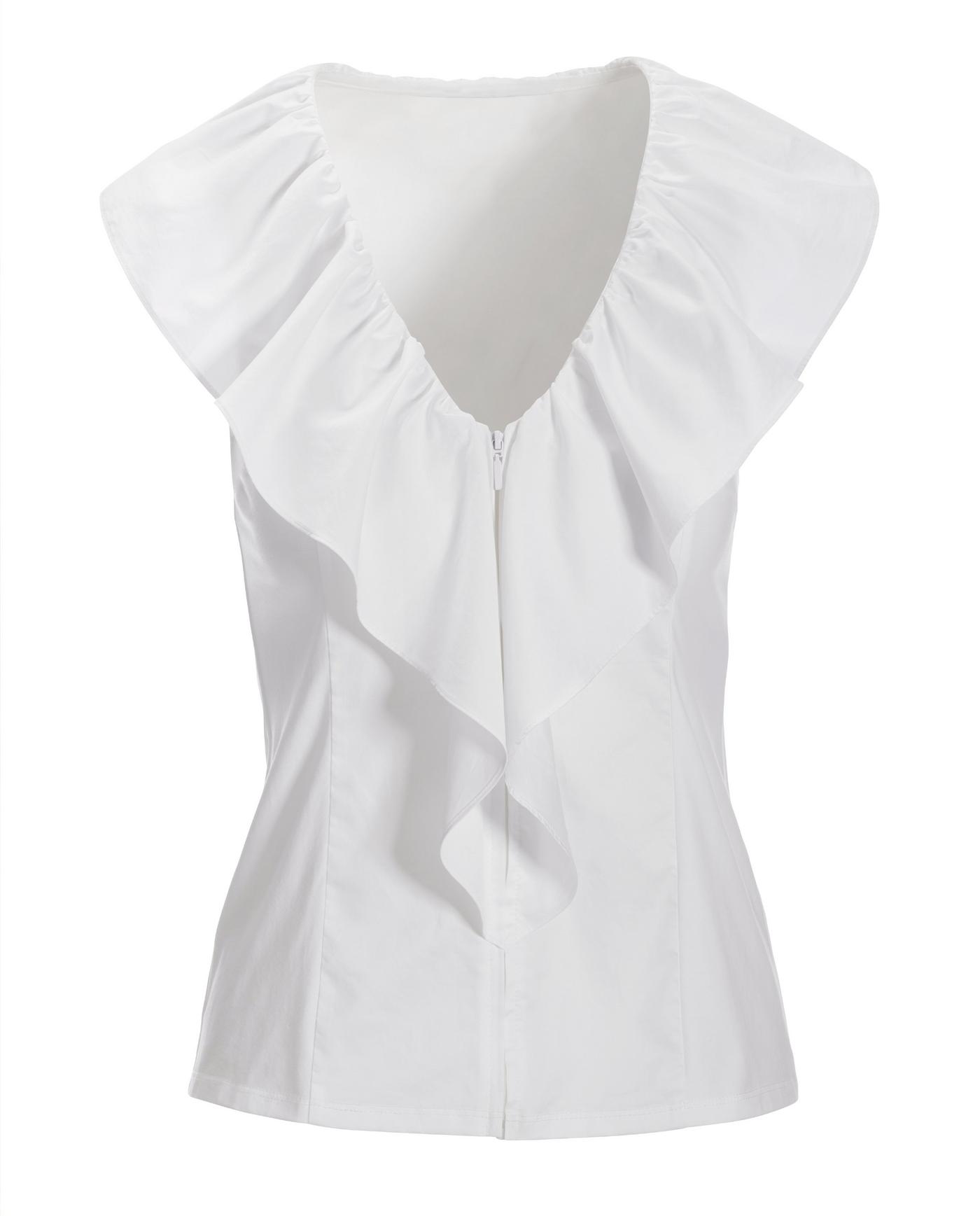 Mixed Media Poplin Ruffle Front Zip Top - White | Boston Proper