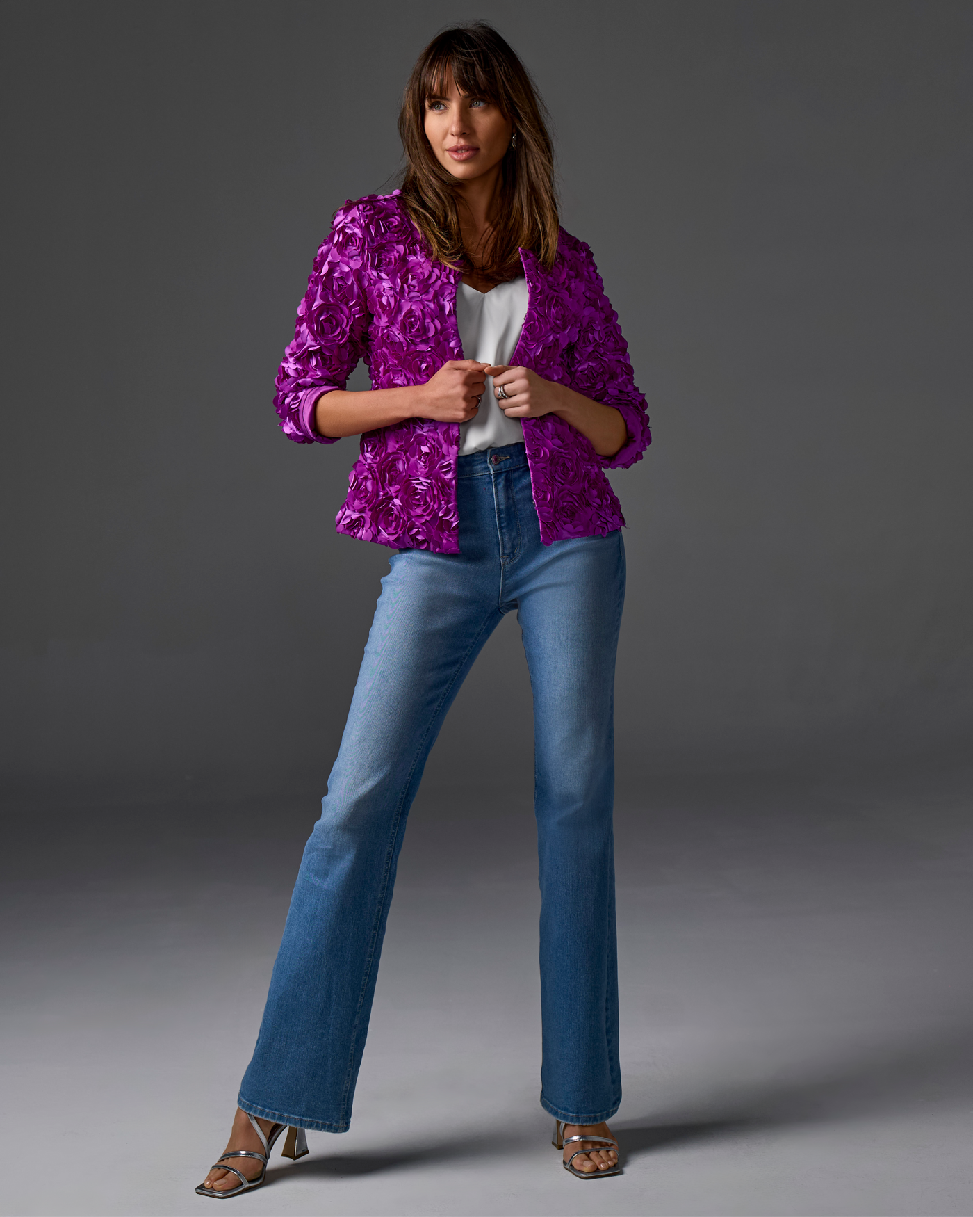 Rosette Three Quarter Sleeve Jacket - Purple Cactus Flower