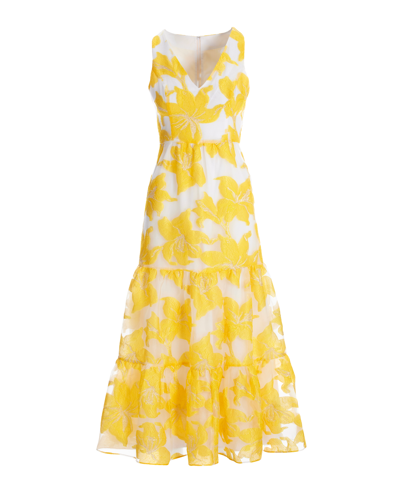 Exploded Metallic Floral Jacquard Organza Tiered Ankle