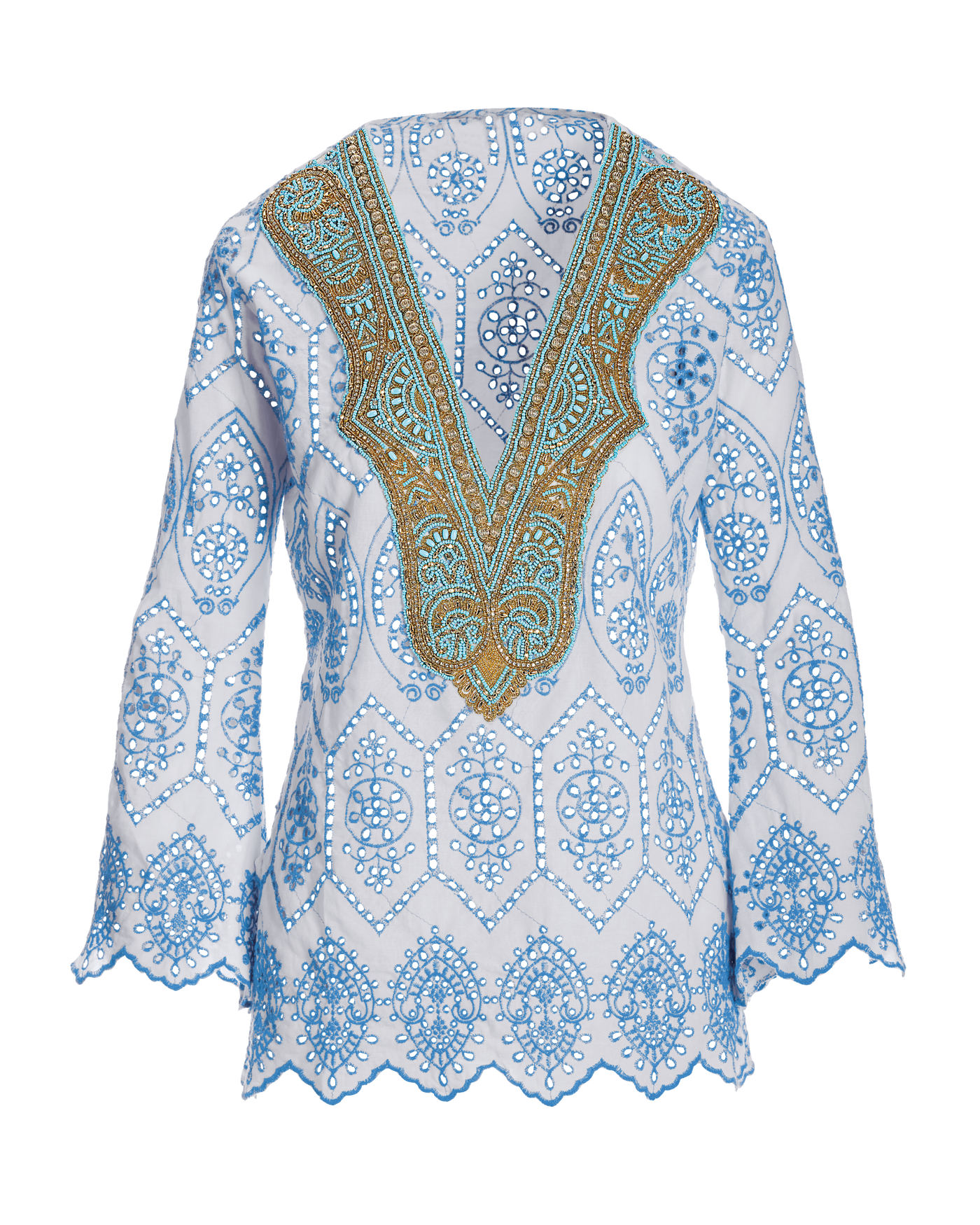 Tunique Brodée Violet Sky Bleue Et Blanc - Taille M, Style Bohème, Coton