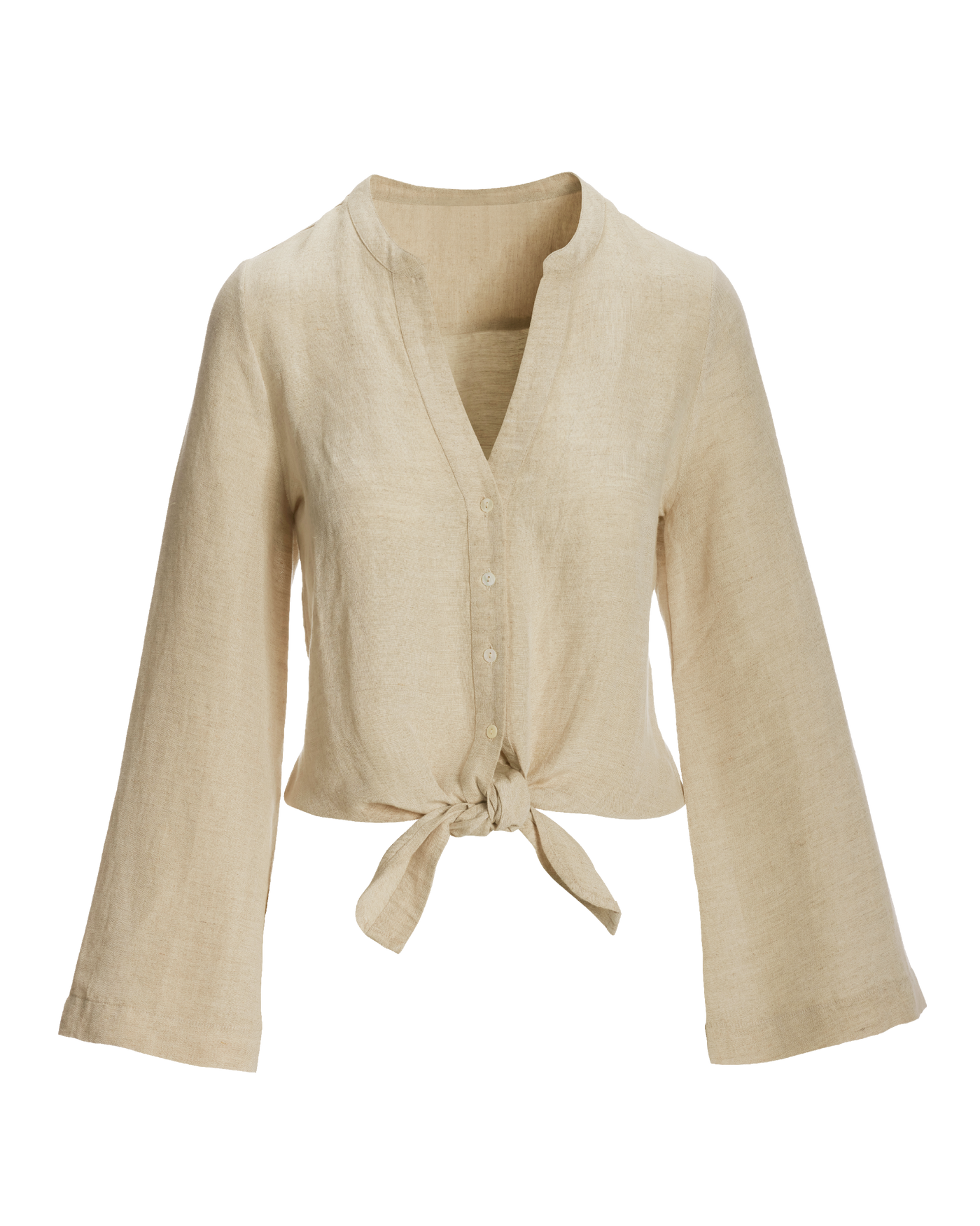 【louren】flare sleeve blouse (beige) 3/4 Flare Sleeve Cutout Trim Front Neck Swing Blouse in Beige