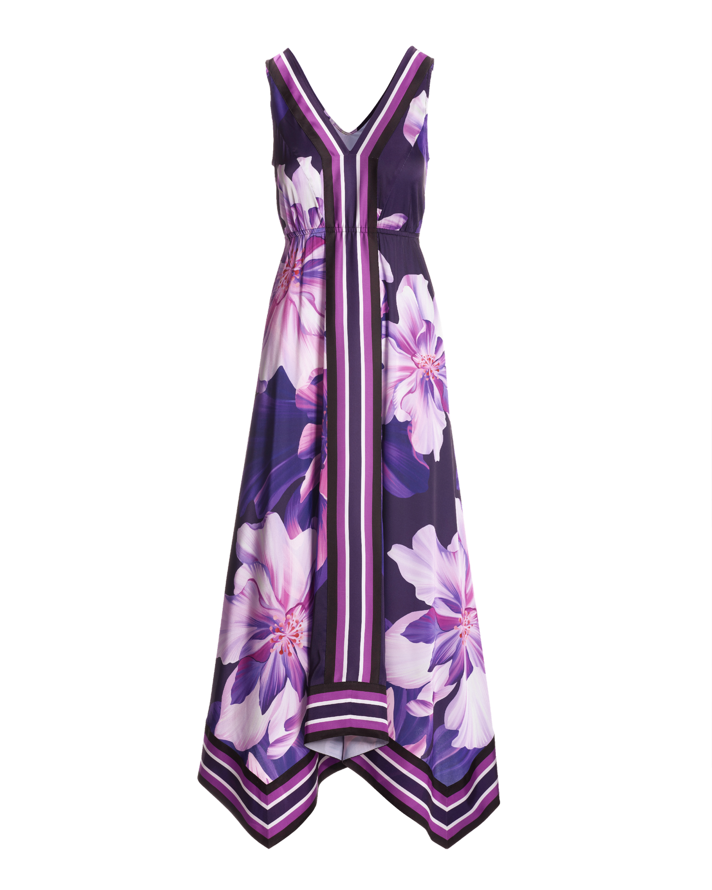 Exploded Dahlia Scarf Print Handkerchief Hem Dress - Purple | Boston Proper Exploded Dahlia Scarf Print Handkerchief Hem Dress - Purple | Boston Proper