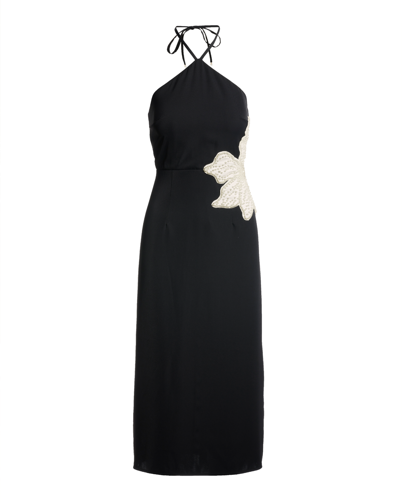 Pearl Embellished Flower Halter Column Dress - Black | Boston Proper