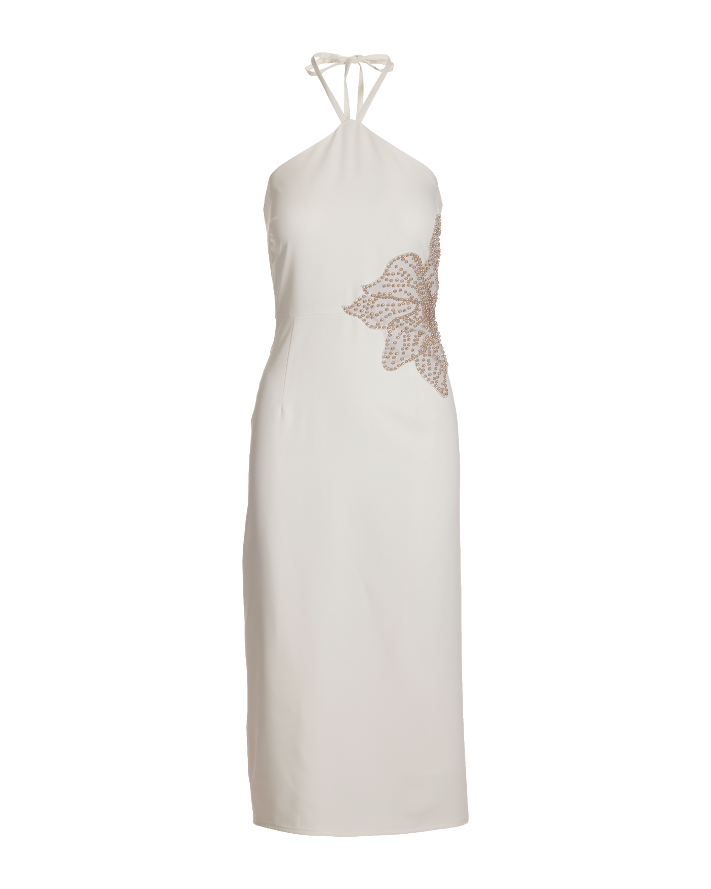 Pearl Embellished Flower Halter Column Dress White