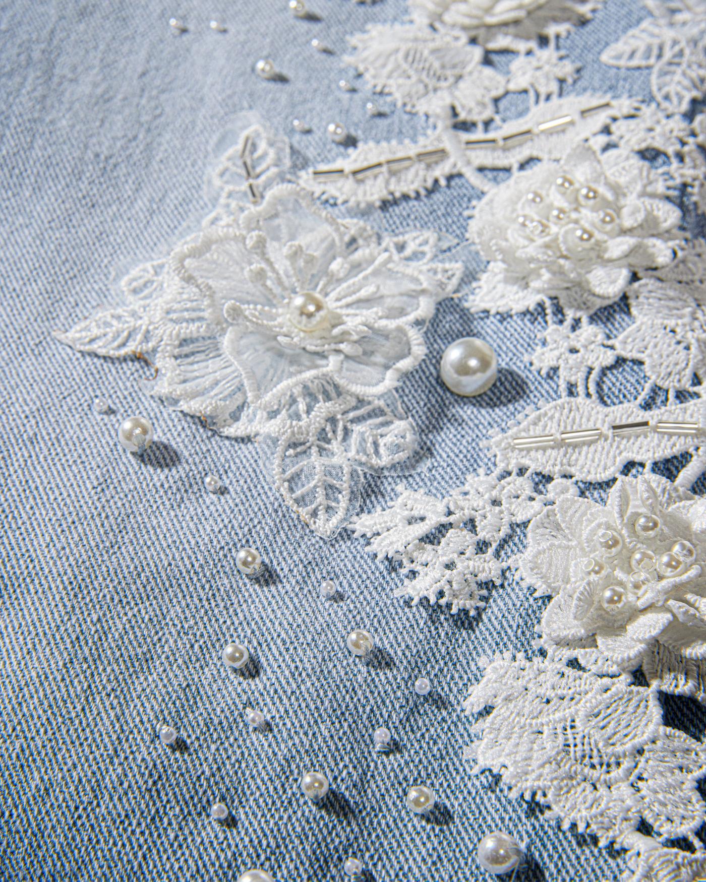 Monterey Floral Lace and Pearls Bootcut Jean Denim - Blue/White