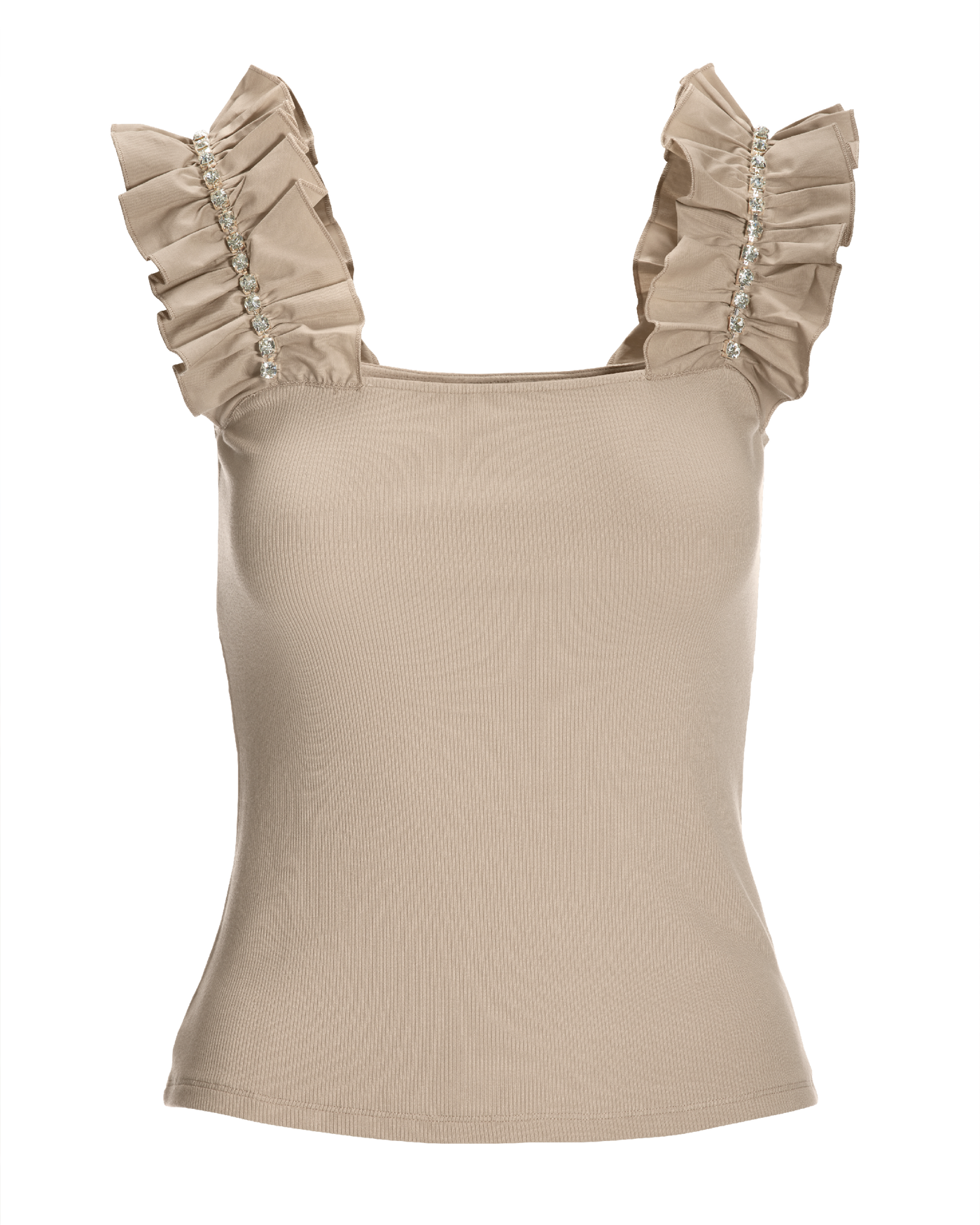 Rhinestone Ruffle Sleeve Tank Top - Sand Neutral | Boston Proper