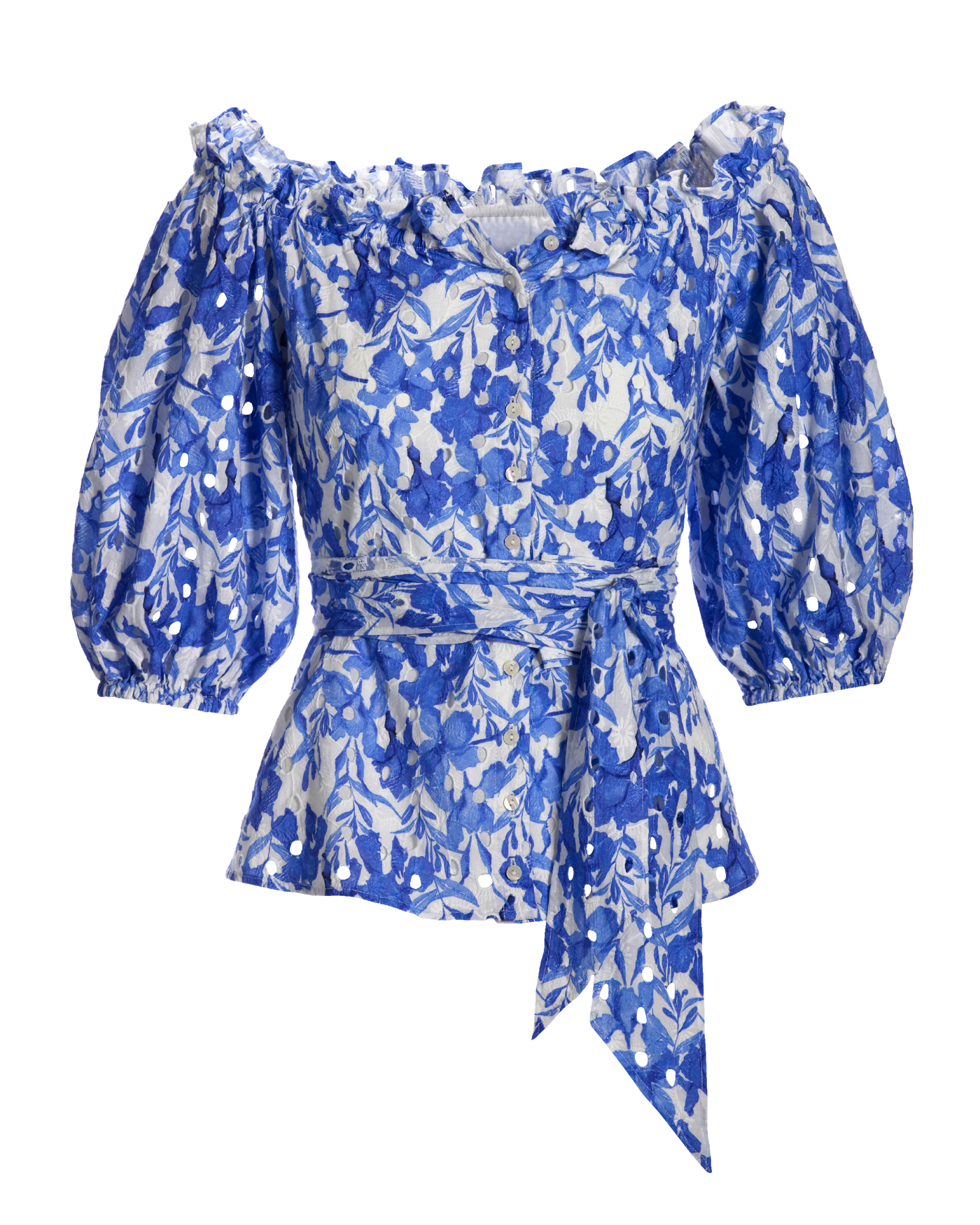 Ocean Fleurs Print Eyelet Puff Sleeve Tie Waist Peplum Blouse 