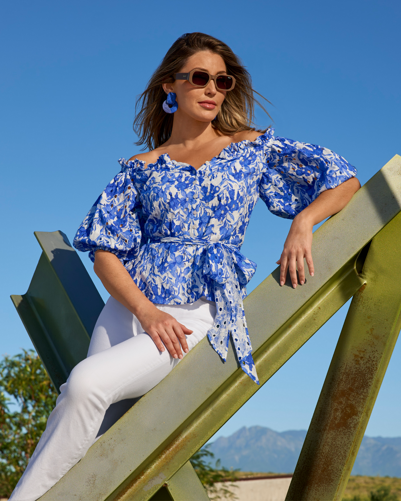 Ocean Fleurs Print Eyelet Puff Sleeve Tie Waist Peplum Blouse