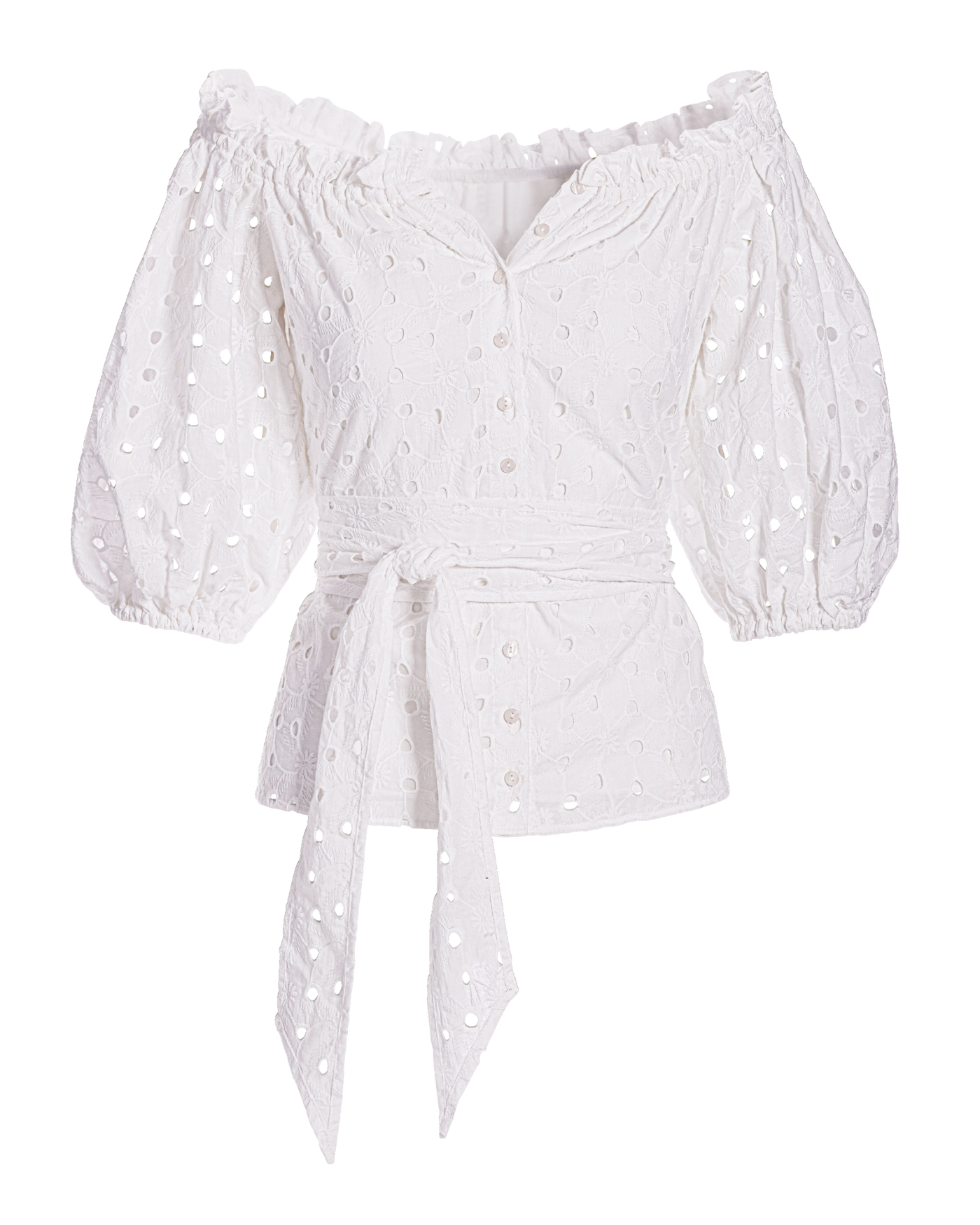 Eyelet Puff Sleeve Tie Waist Peplum Blouse - White | Boston