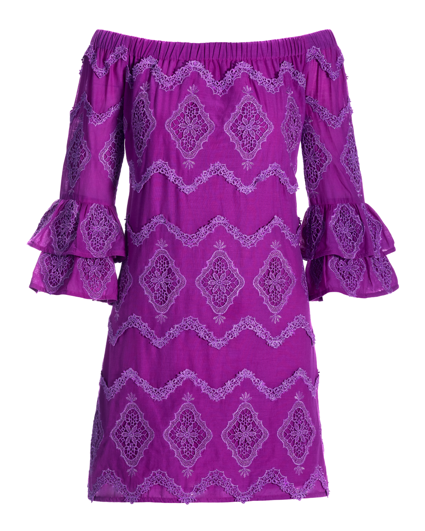 Metallic Lace Detail Off The Shoulder Shift Dress - Purple Cactus