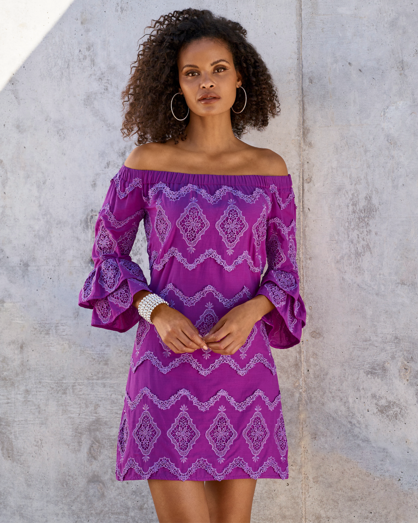 Metallic Lace Detail Off The Shoulder Shift Dress - Purple