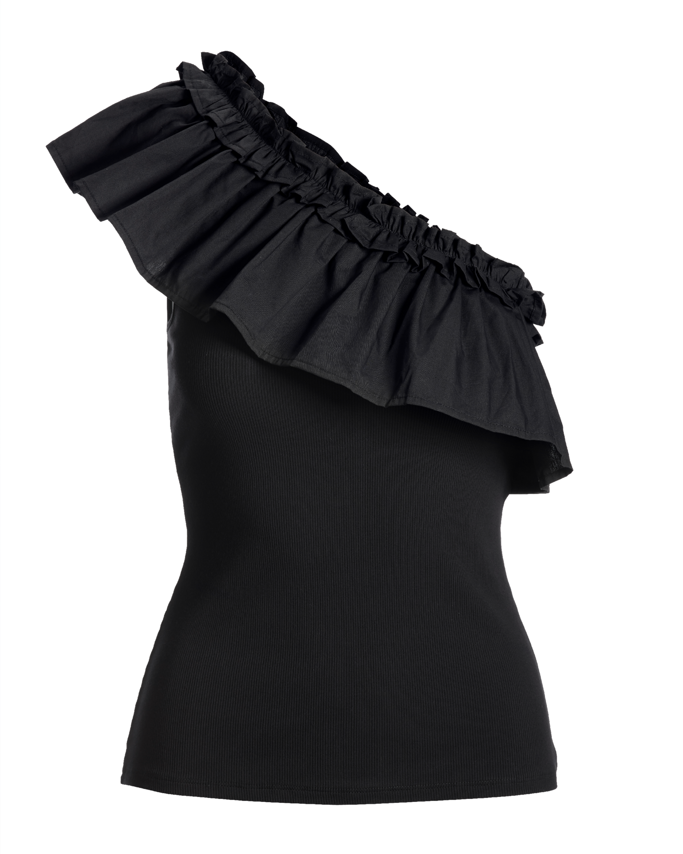So Essential Ruffle Poplin One-Shoulder Top - Proper Black
