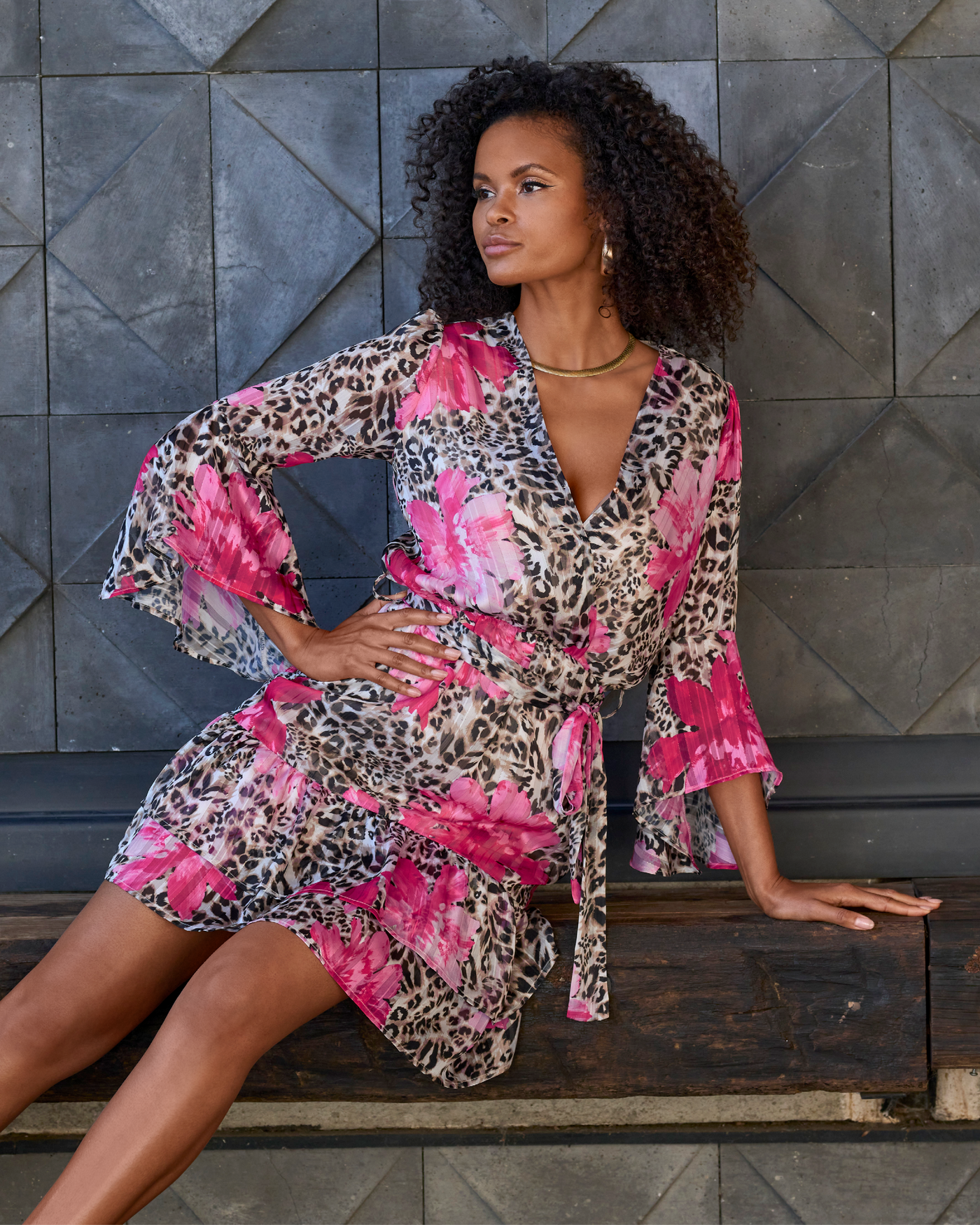 Cheetah Blooms Shimmer Bell Sleeve A Line Dress - Neutral