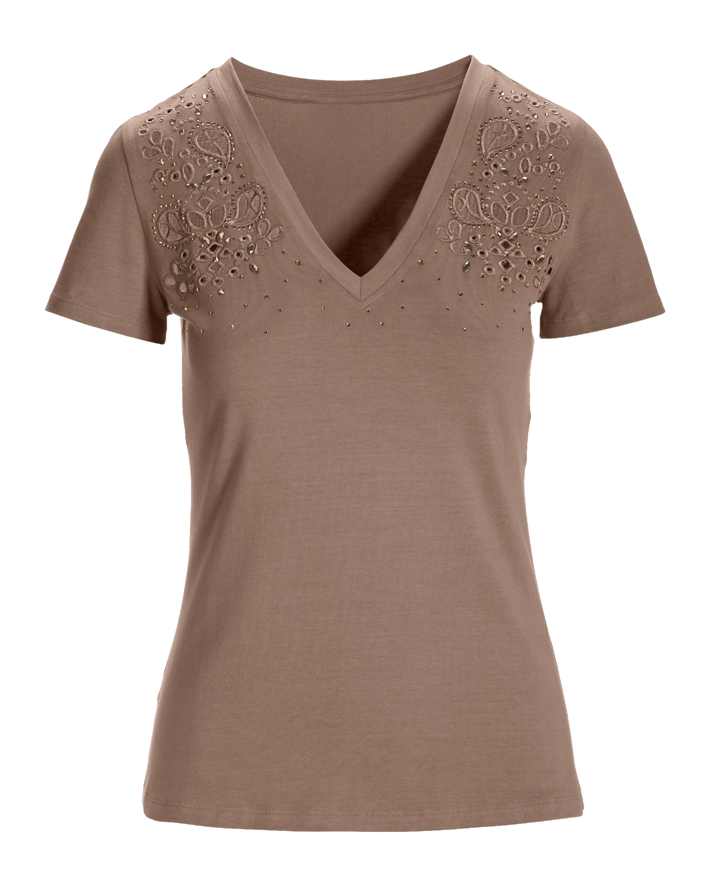 Rhinestone Eyelet V Neck Tee Dune