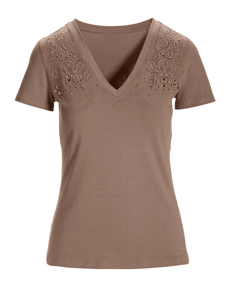 Rhinestone Eyelet V Neck Tee Dune