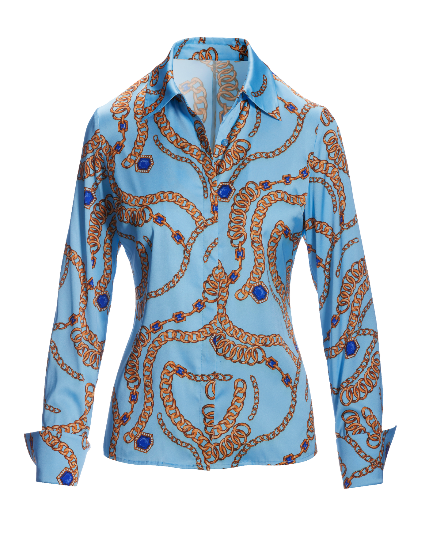 Jeweled Chains Sophia Button Up Charmeuse Blouse - Blue | Boston Proper