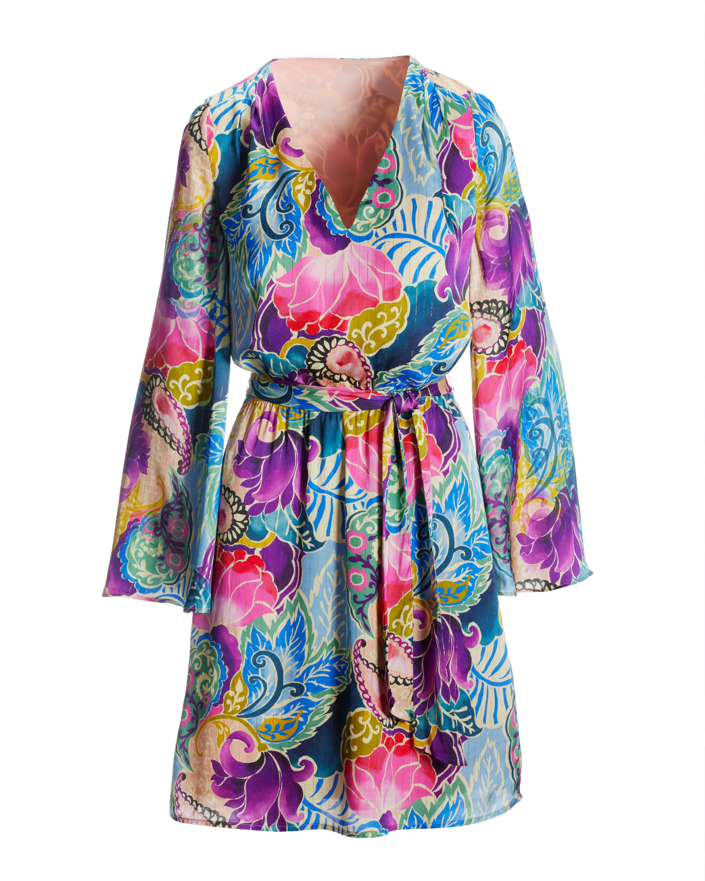 Jeweled Paisley Print Flare Sleeve Dress Multi