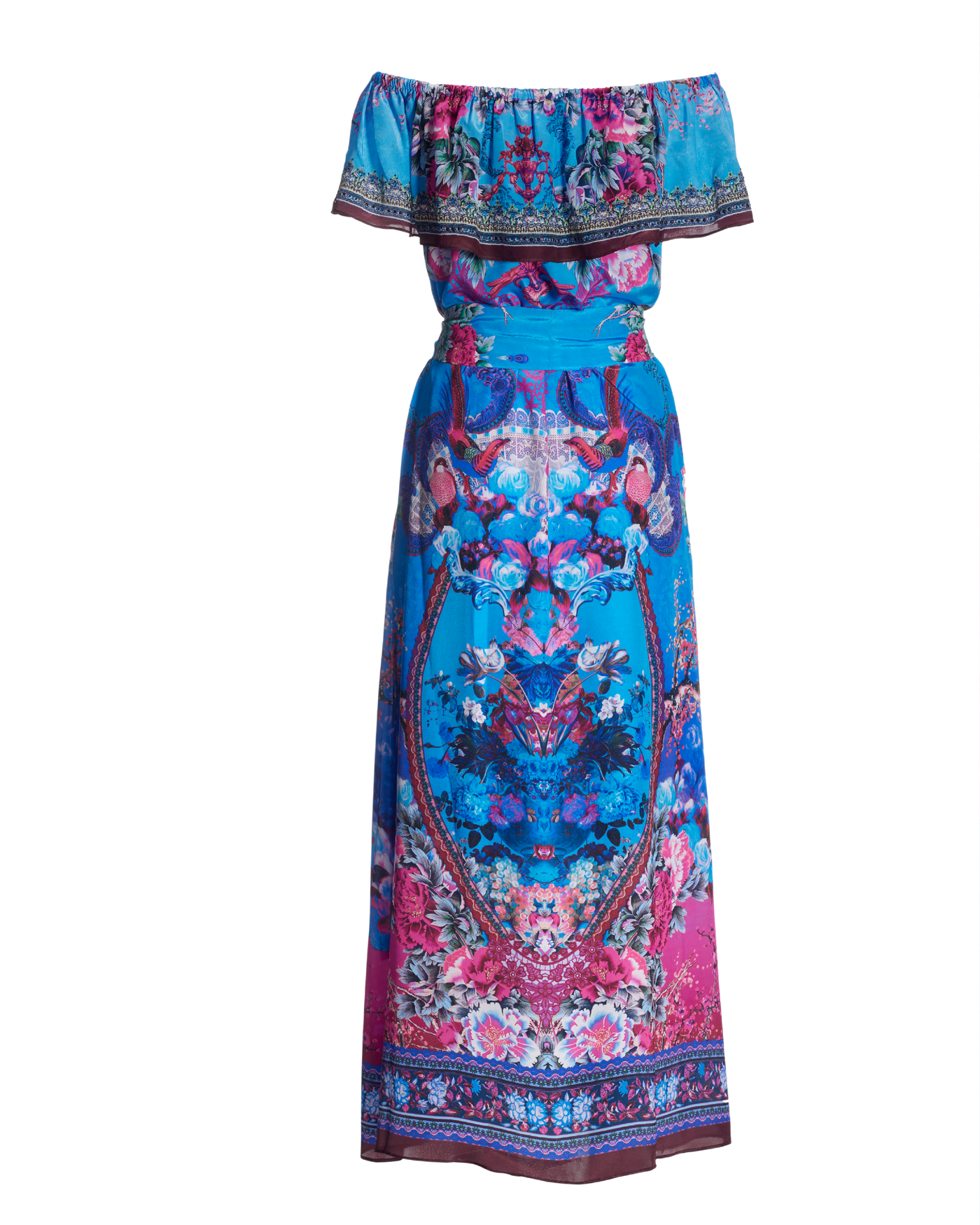knee length dresses for ladies Green Floral Ruffle Off Shoulder Maxi Dress main image 1