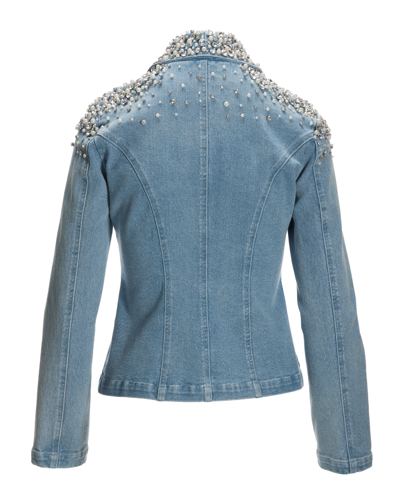 Pearl Embellished Denim Shawl Collar Jacket Light Wash
