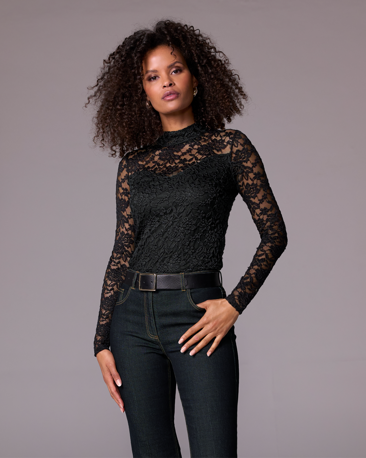 Black good V-Cut Lace Insert Mock Neck T-Shirt