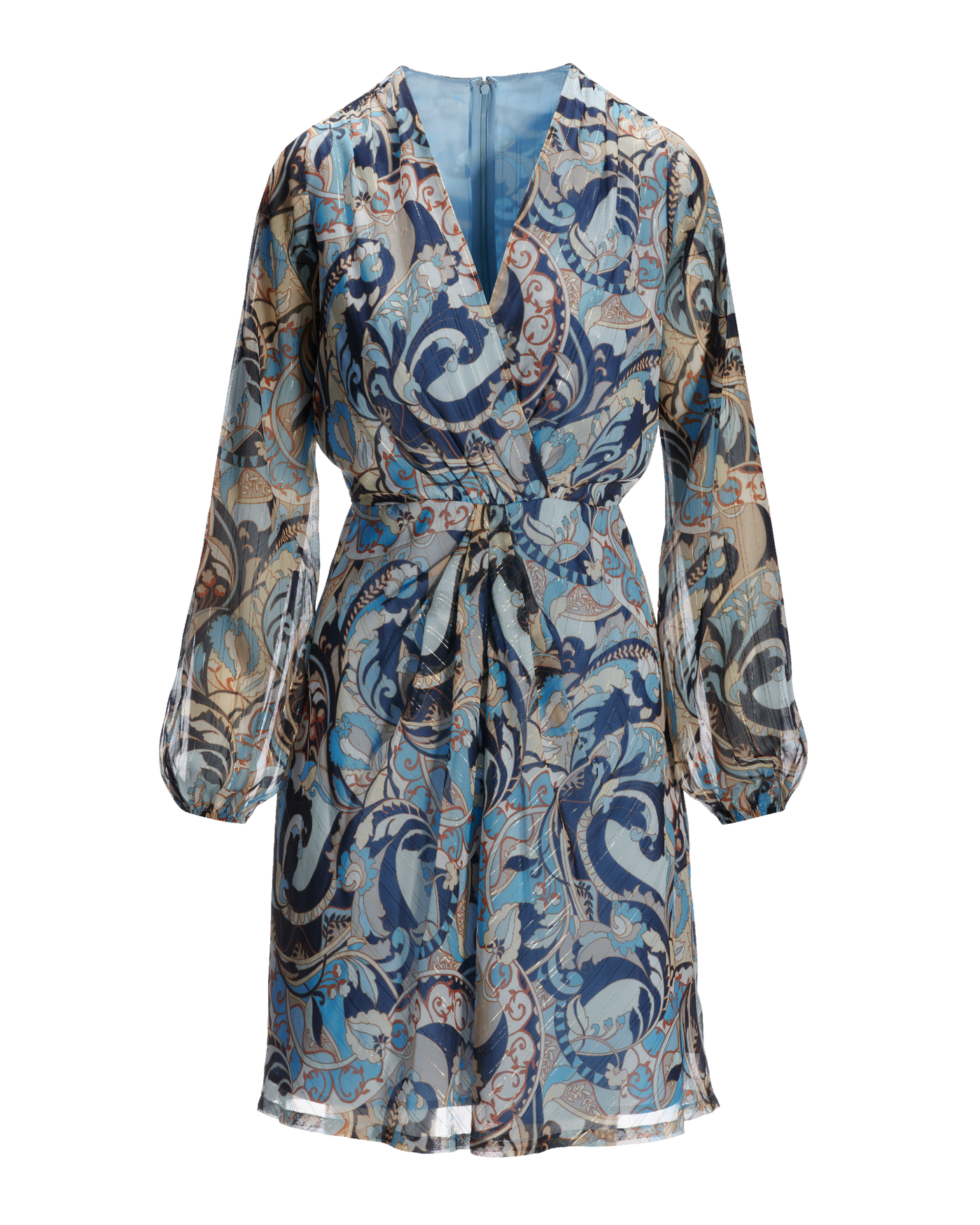 Autumn Paisley V Neck Twist Detail A Line Dress Blue/Neutral