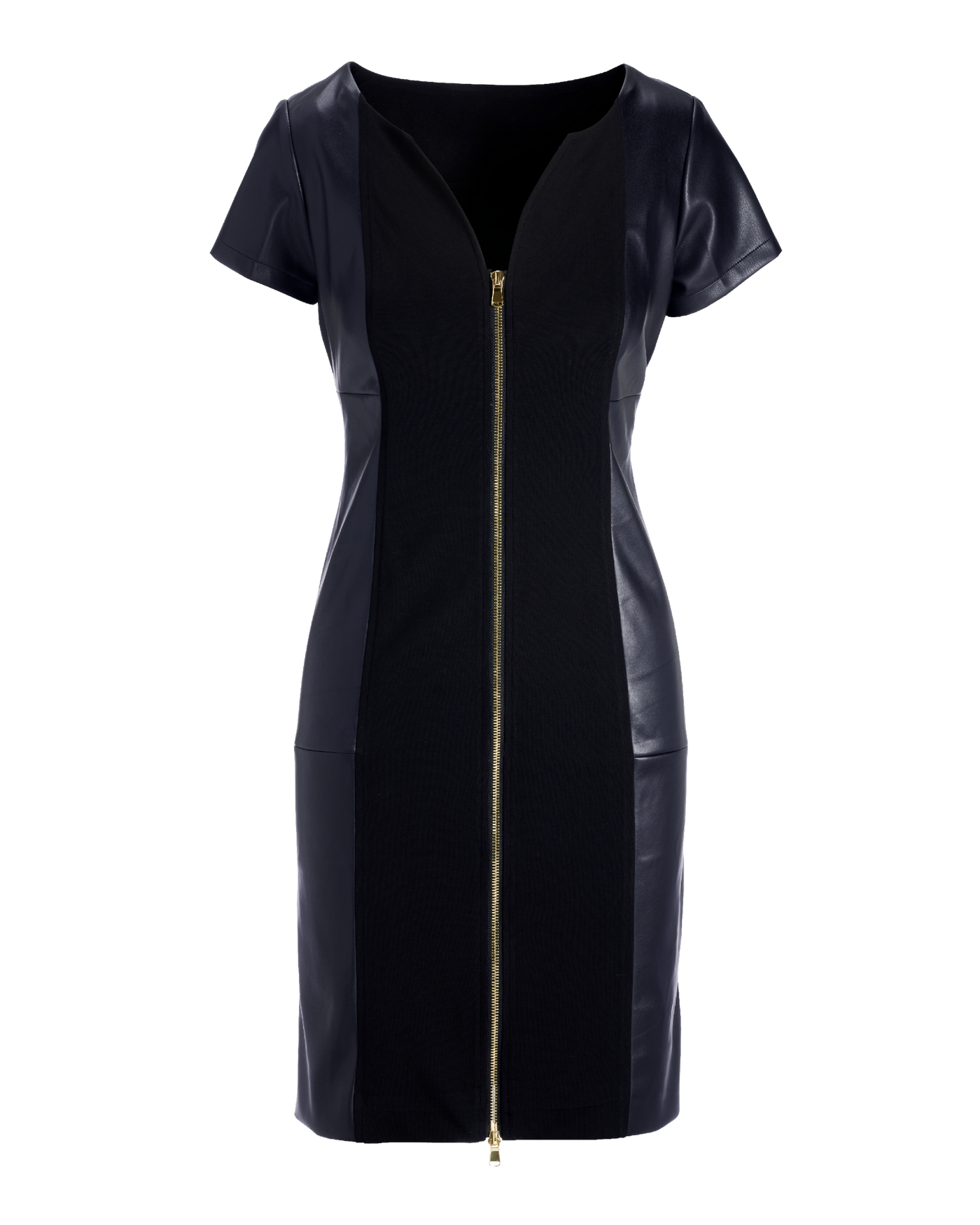 Faux Leather Trim Cap Sleeve Ponte Zip Up Dress - Black