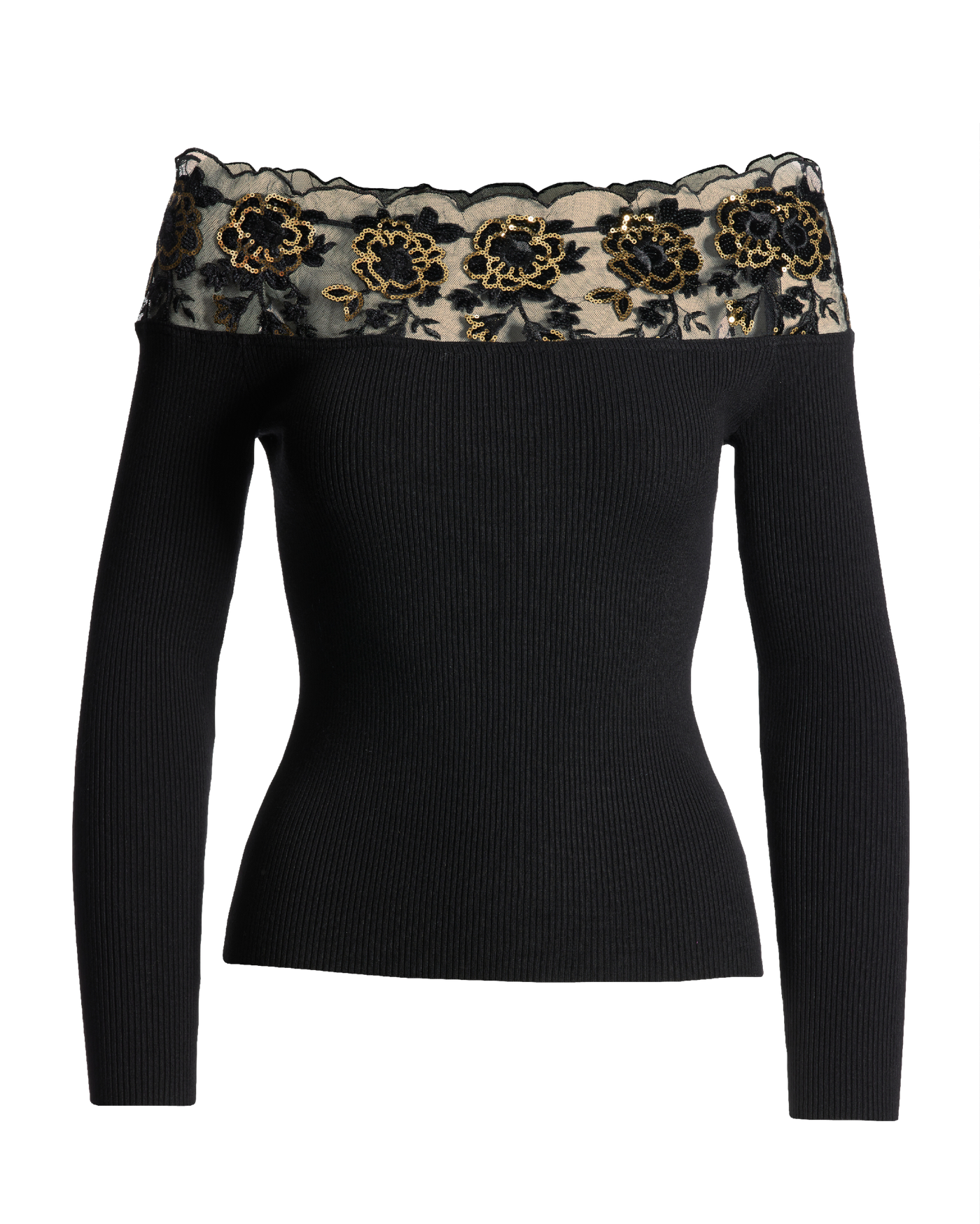 Sequin Lace Off the Shoulder Ribbed Sweater Black Boston Proper