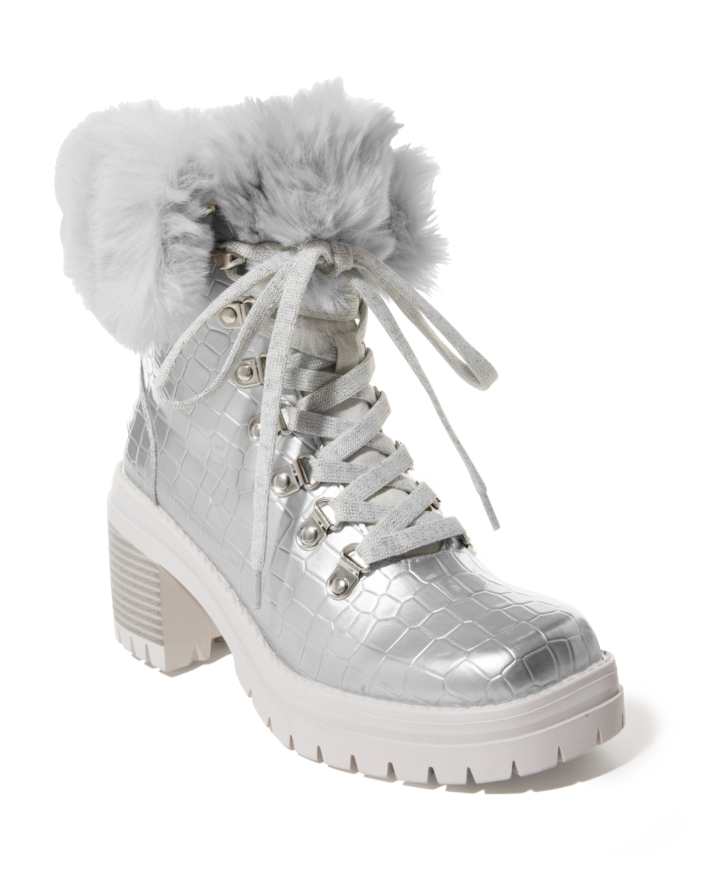 Croco Fur Lace Up Bootie - Silver | Boston Proper Croco Fur Lace Up Bootie - Silver | Boston Proper