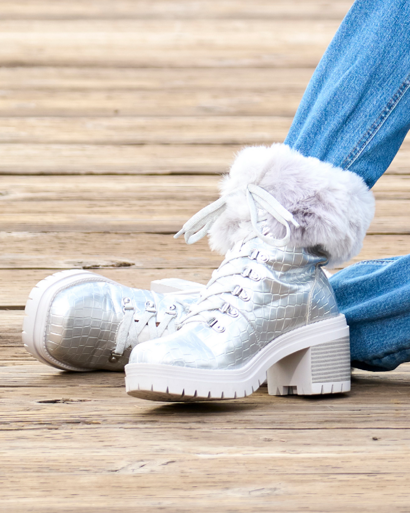 Croco Fur Lace Up Bootie - Silver | Boston Proper Croco Fur Lace Up Bootie - Silver | Boston Proper