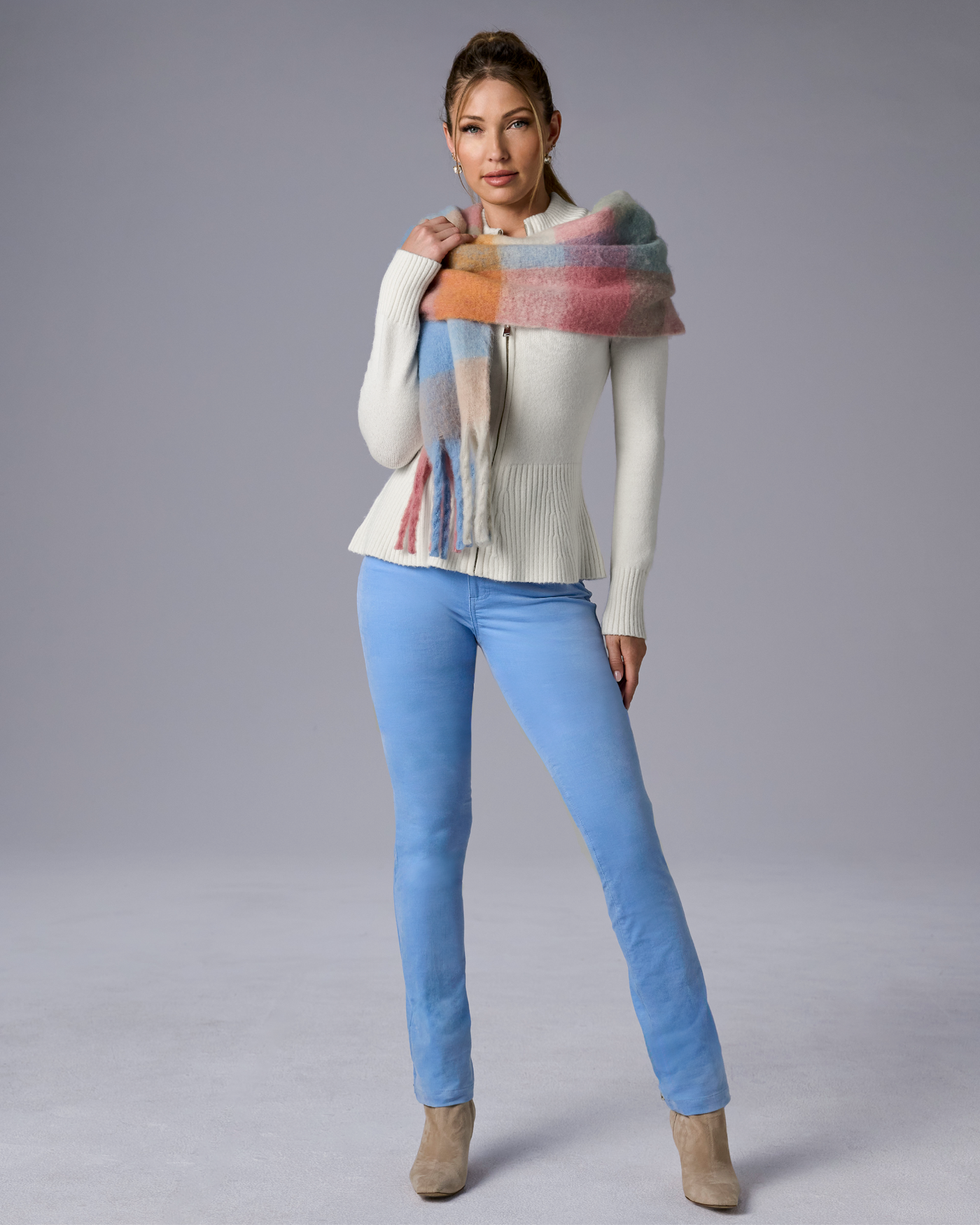 Rib Peplum Full Zip Cardigan Off White