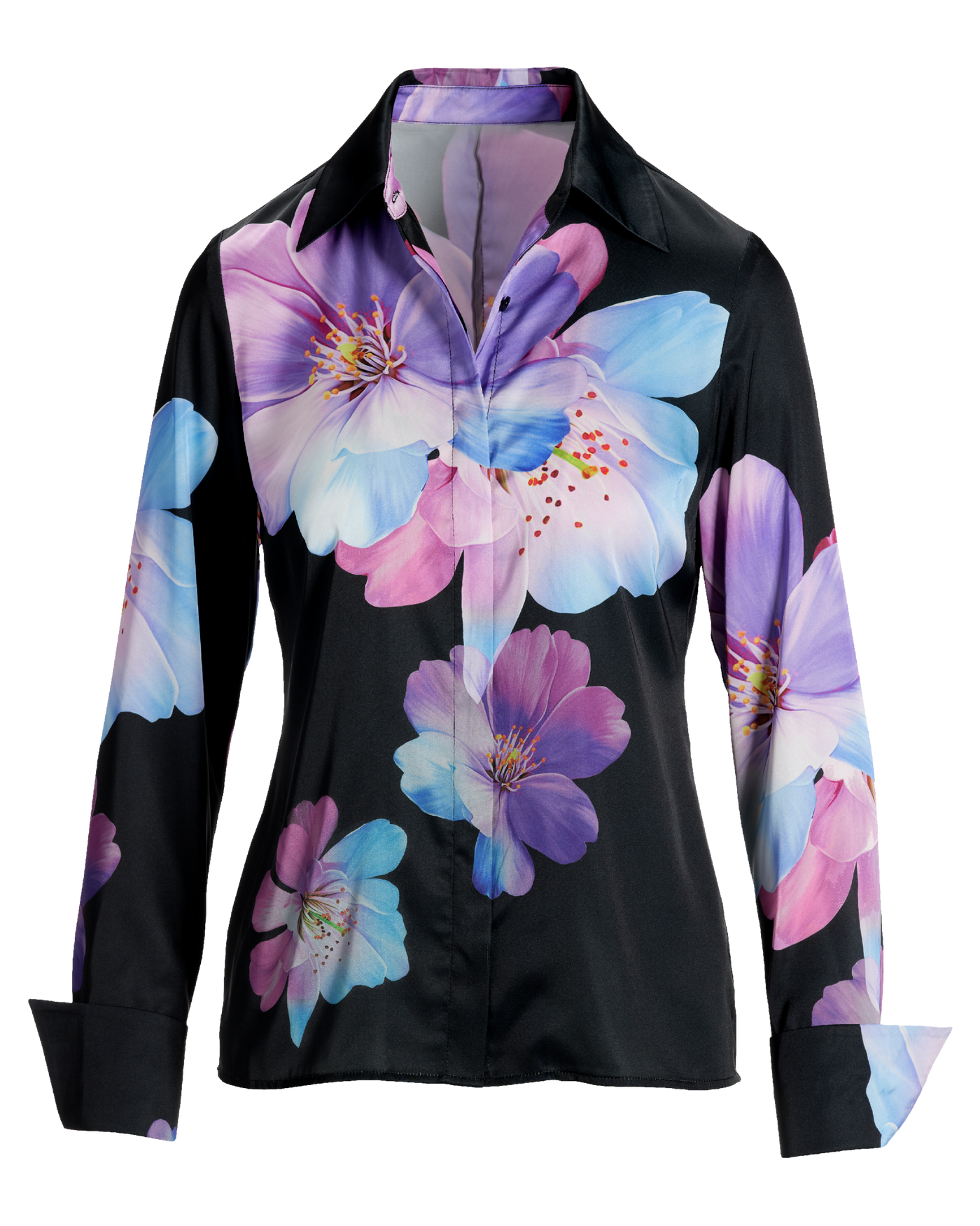 Bluebell Fleurs Print Sophia Button Up Charmeuse Blouse - Purple