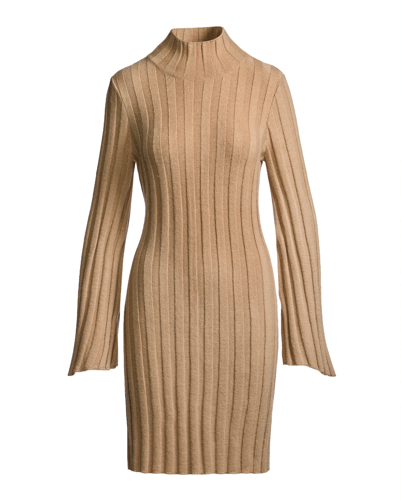 Turtleneck Bell Sleeve Wide Rib Sweater Dress Camel
