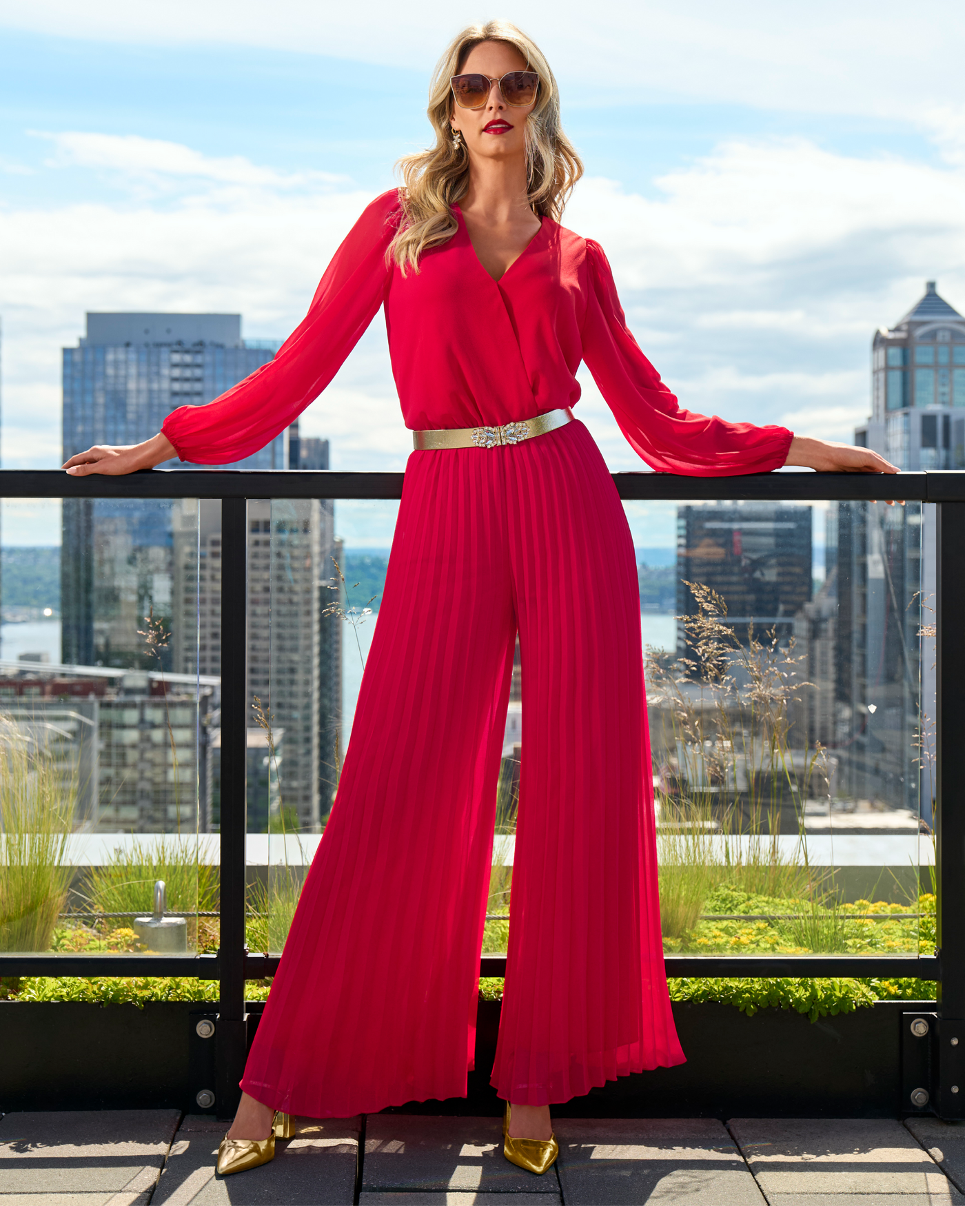 Boston Proper Tomato Red Long Sleeve Pleated Wide Leg Jumpsuit 0