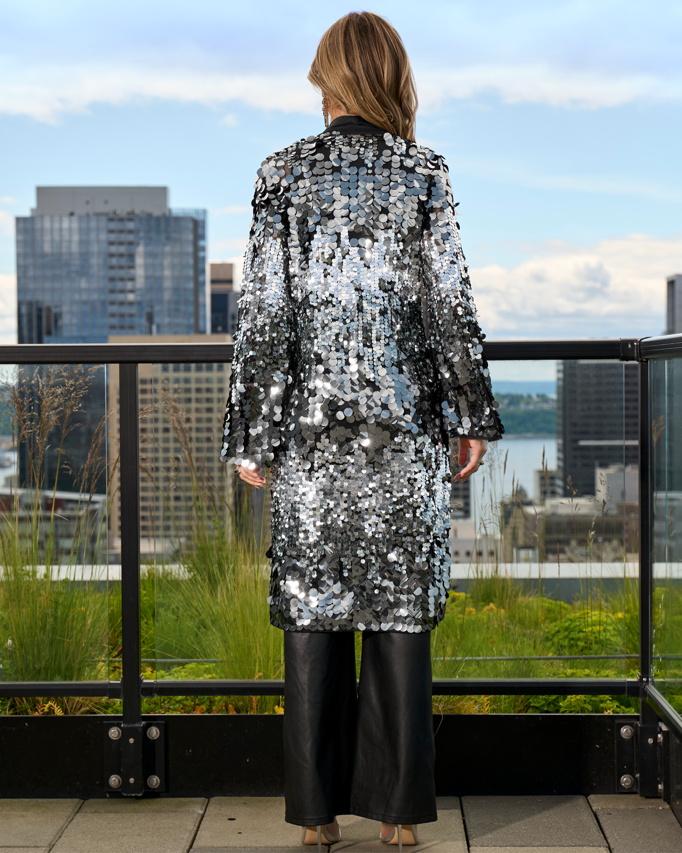Paillette Bell Sleeve Duster Black Multi