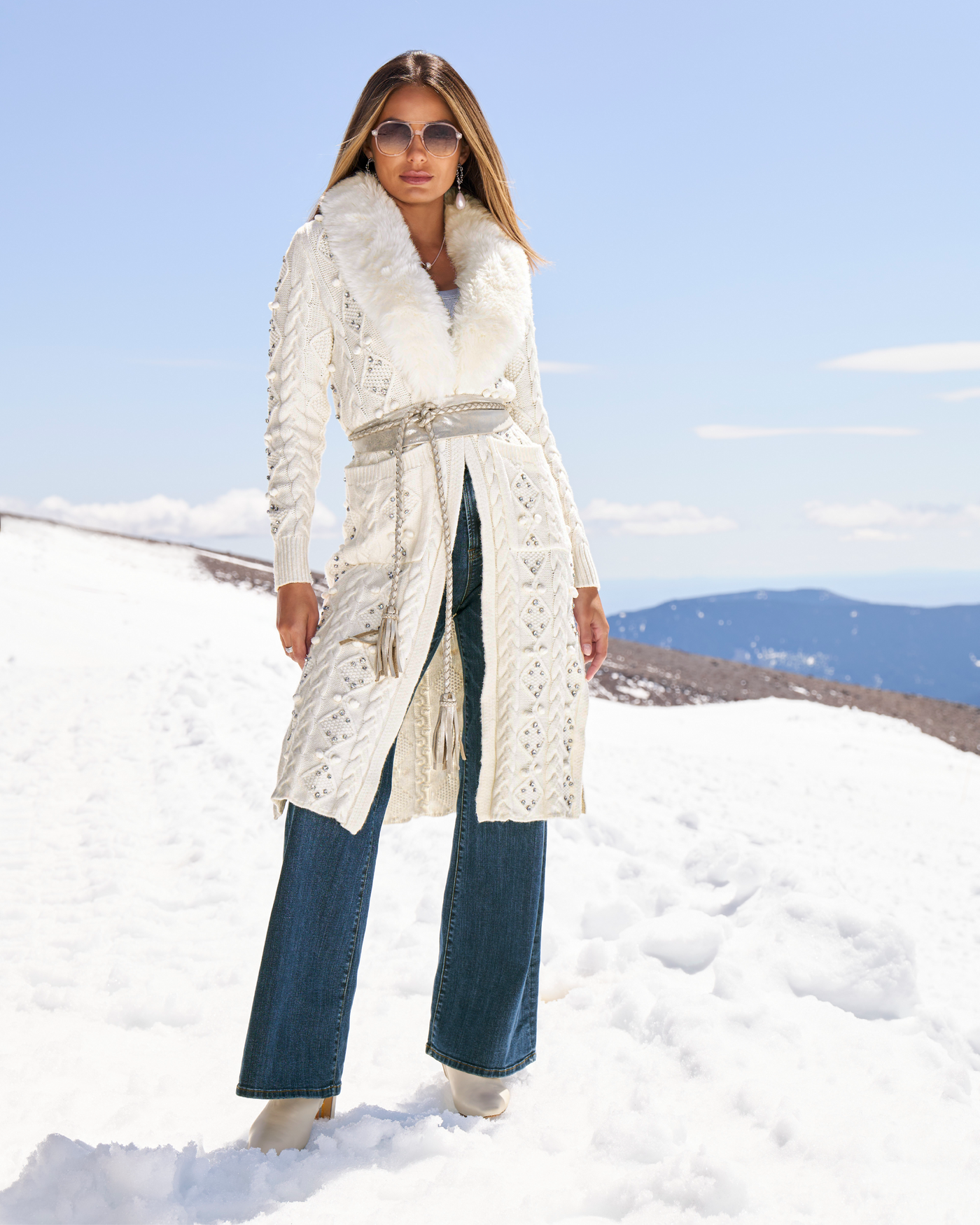 Faux Fur Embellished Cable Duster - Off White | Boston Proper