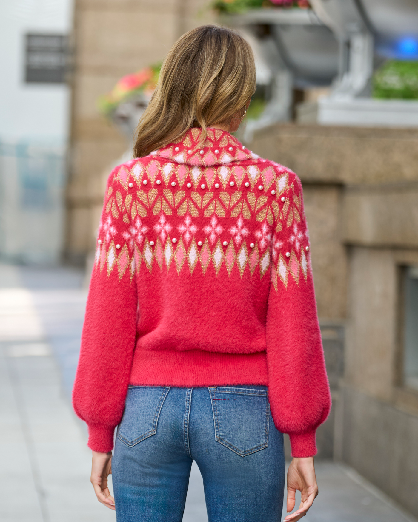 Fair Isle Shawl Collar Sweater Raspberry