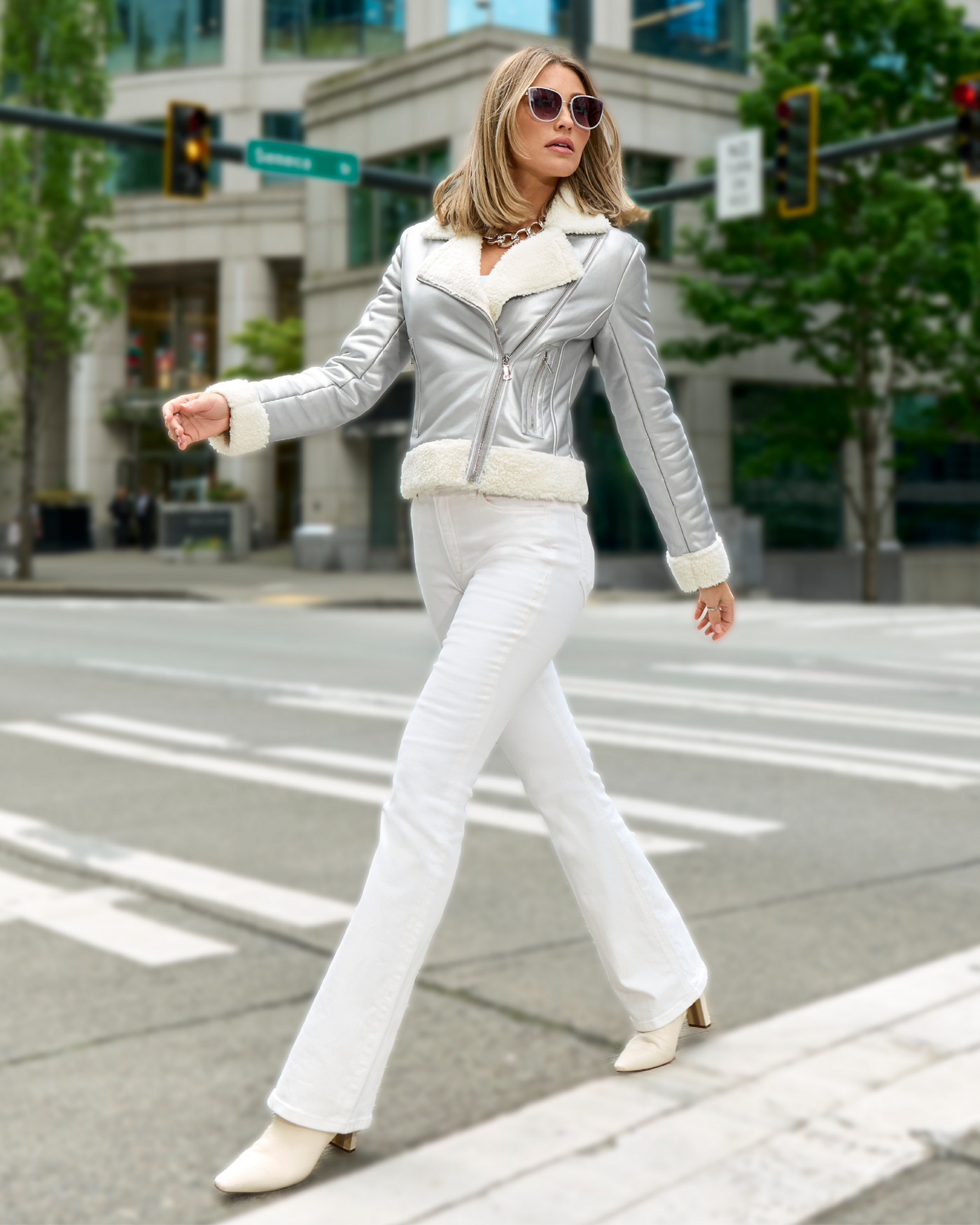 Metallic Faux Leather Sherpa Lined Moto Coat Silver Metallic Faux Leather Sherpa Lined Moto Coat Silver