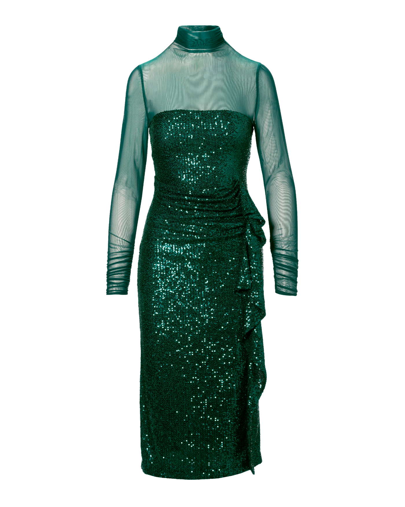 Mesh Long Sleeve Sequin Sheath Dress Deep Emerald
