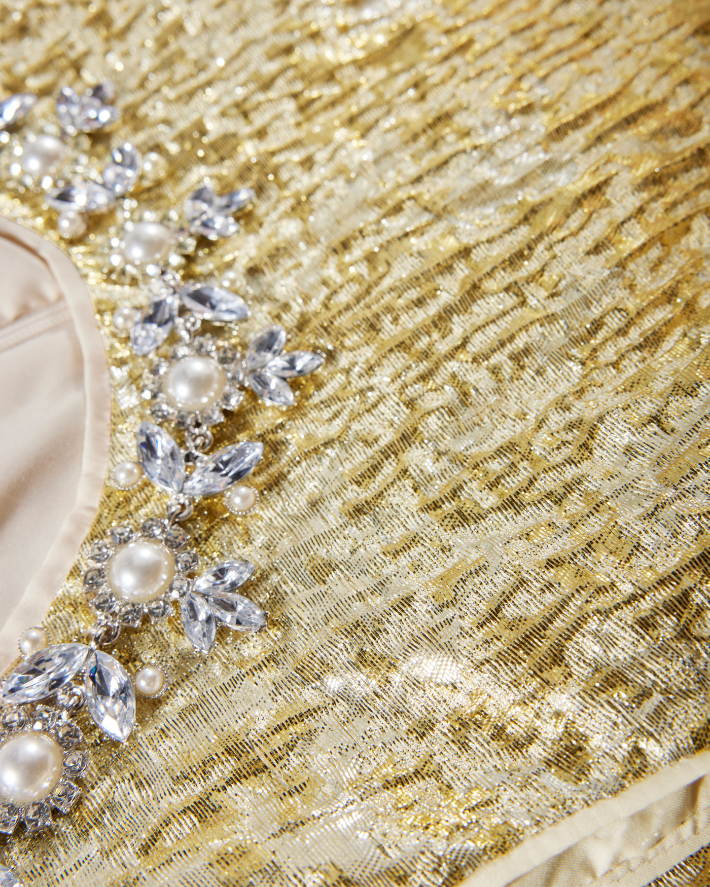 Pearl Embellished Metallic Jacquard Sheath Dress Gold
