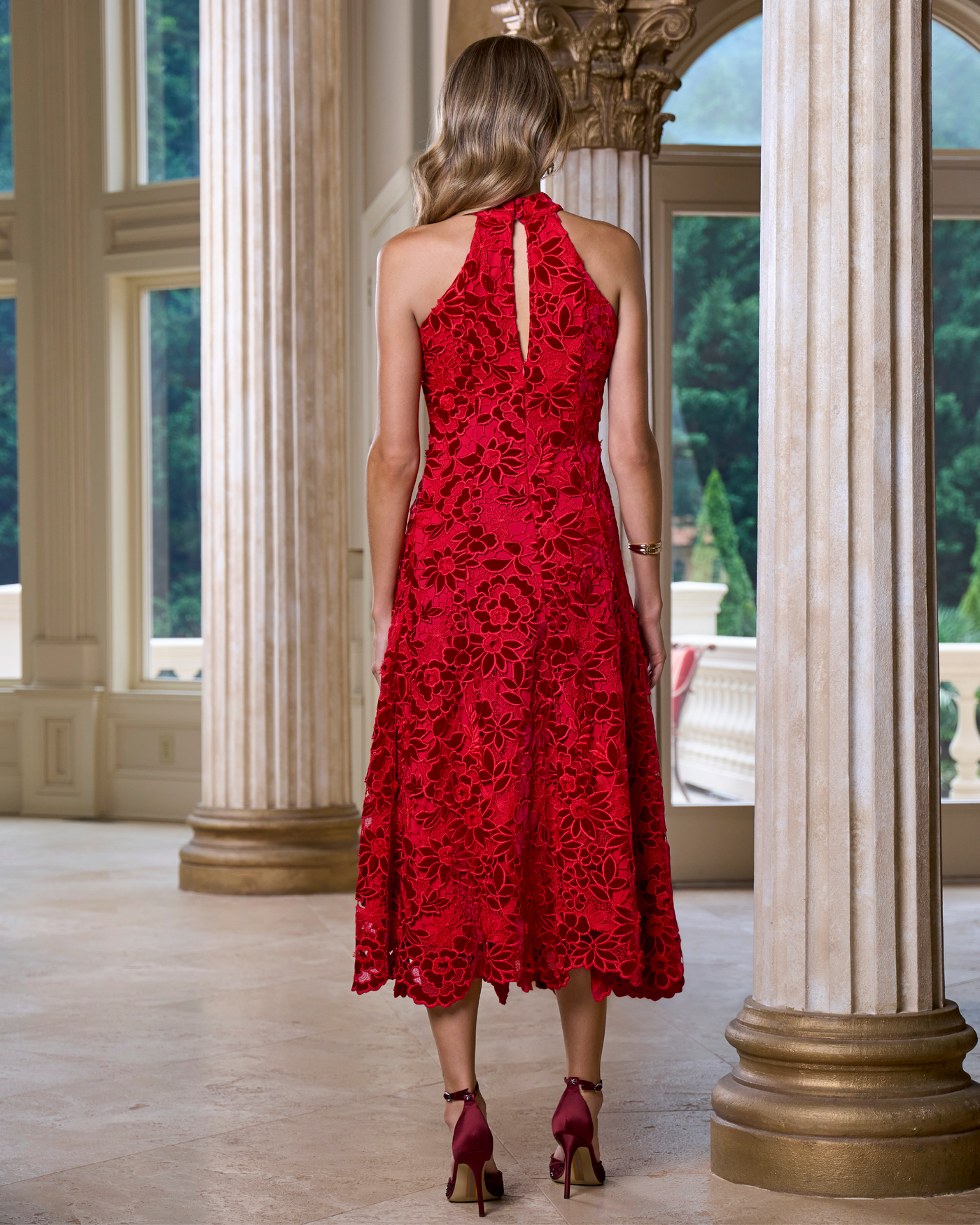 Mock Neck Velvet Lace Midi Dress Racing Red | Boston Proper