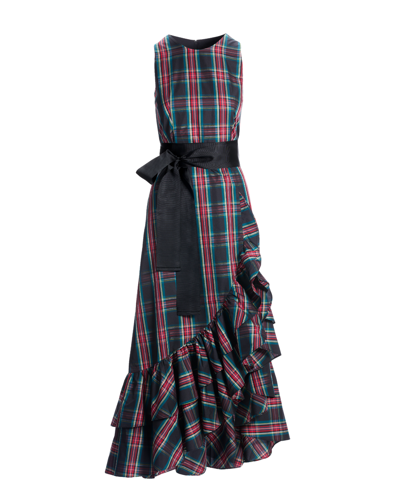 High Neck Plaid Ruffle Gown Black Multi