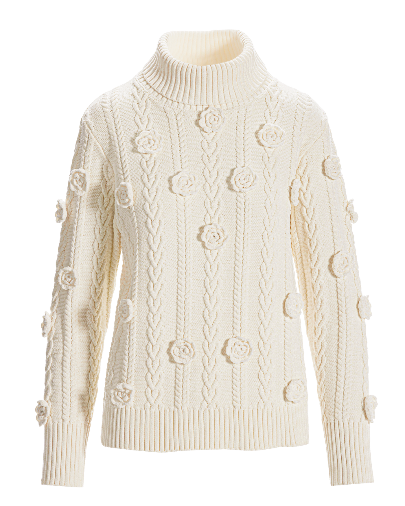 Chenille Rosette Cable Turtleneck Sweater Off White | Boston Proper